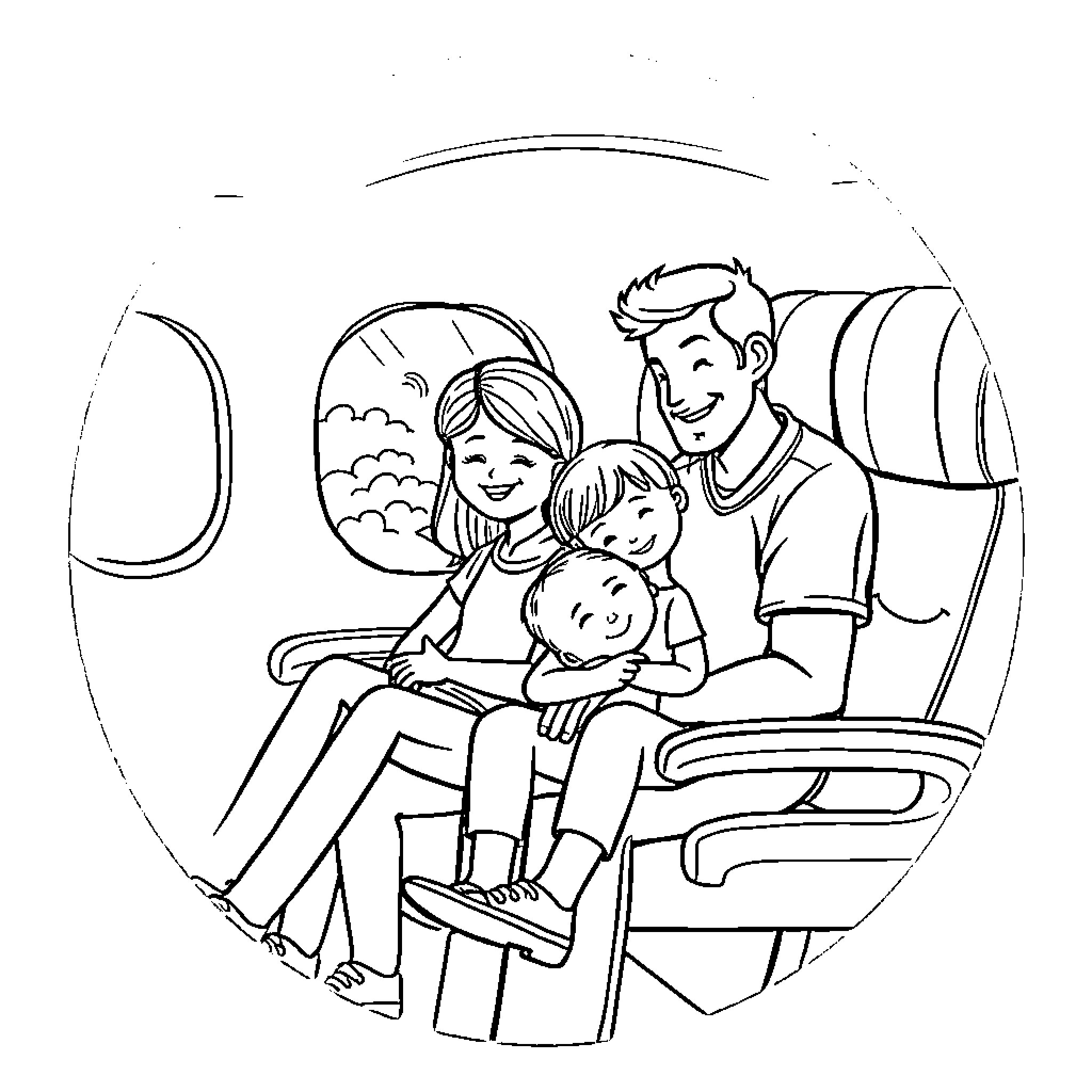 Family traveling together on an airplane Coloring Page (free black-and-white line drawing printable PDF for all, from beginners to advanced learners, including children, teens, adults, and seniors)