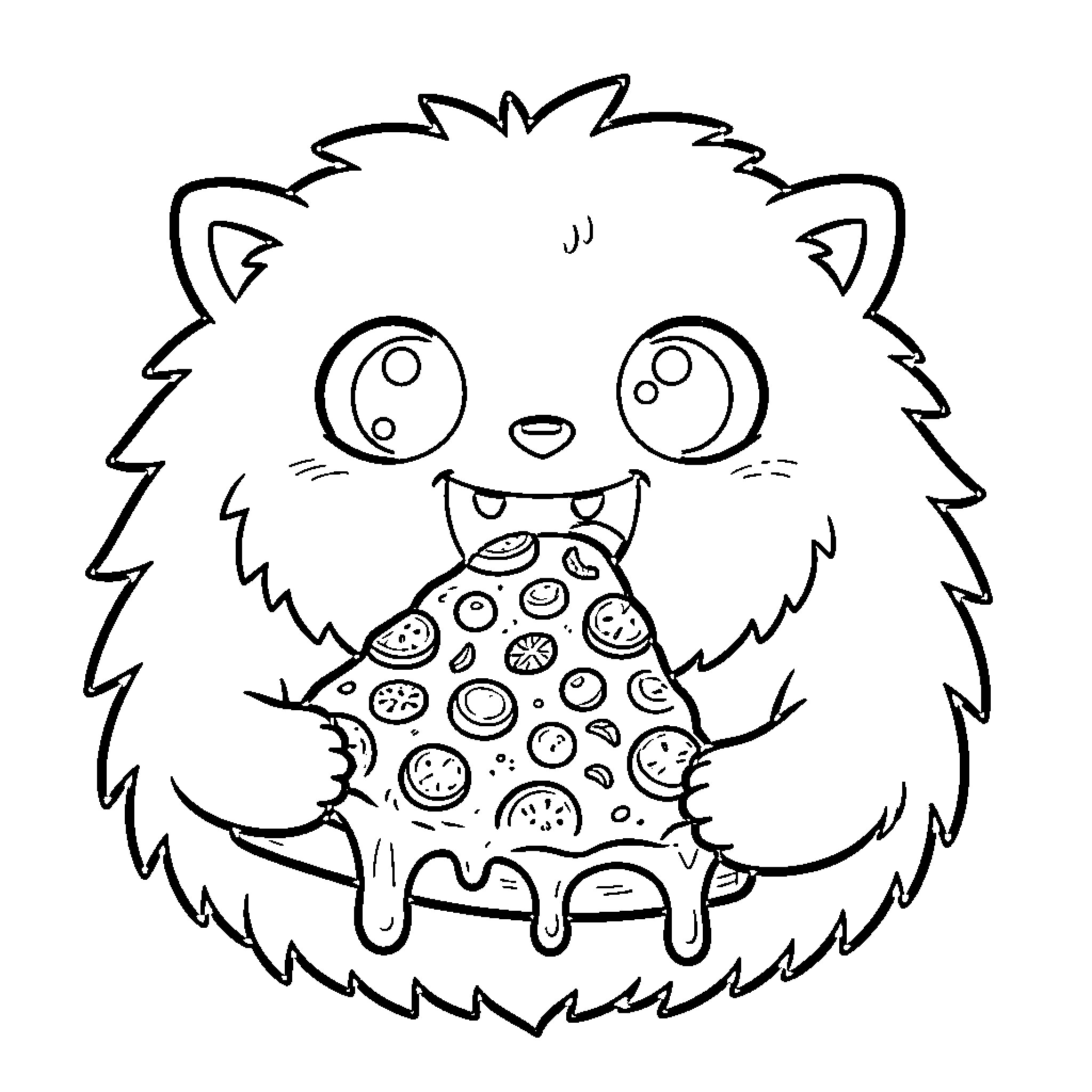 Monster eating a pizza with big eyes Coloring Page (free black-and-white line drawing printable PDF for all, from beginners to advanced learners, including children, teens, adults, and seniors)