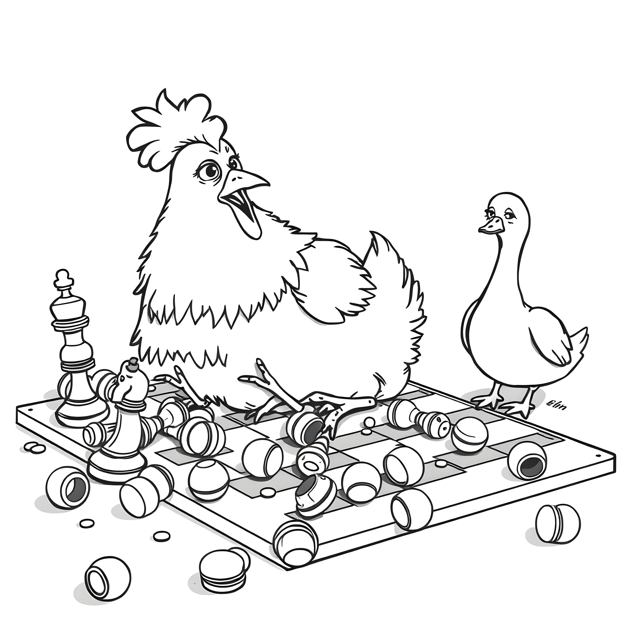 Chicken and duckling playing with chess pieces Coloring Page (free black-and-white line drawing printable PDF for all, from beginners to advanced learners, including children, teens, adults, and seniors)