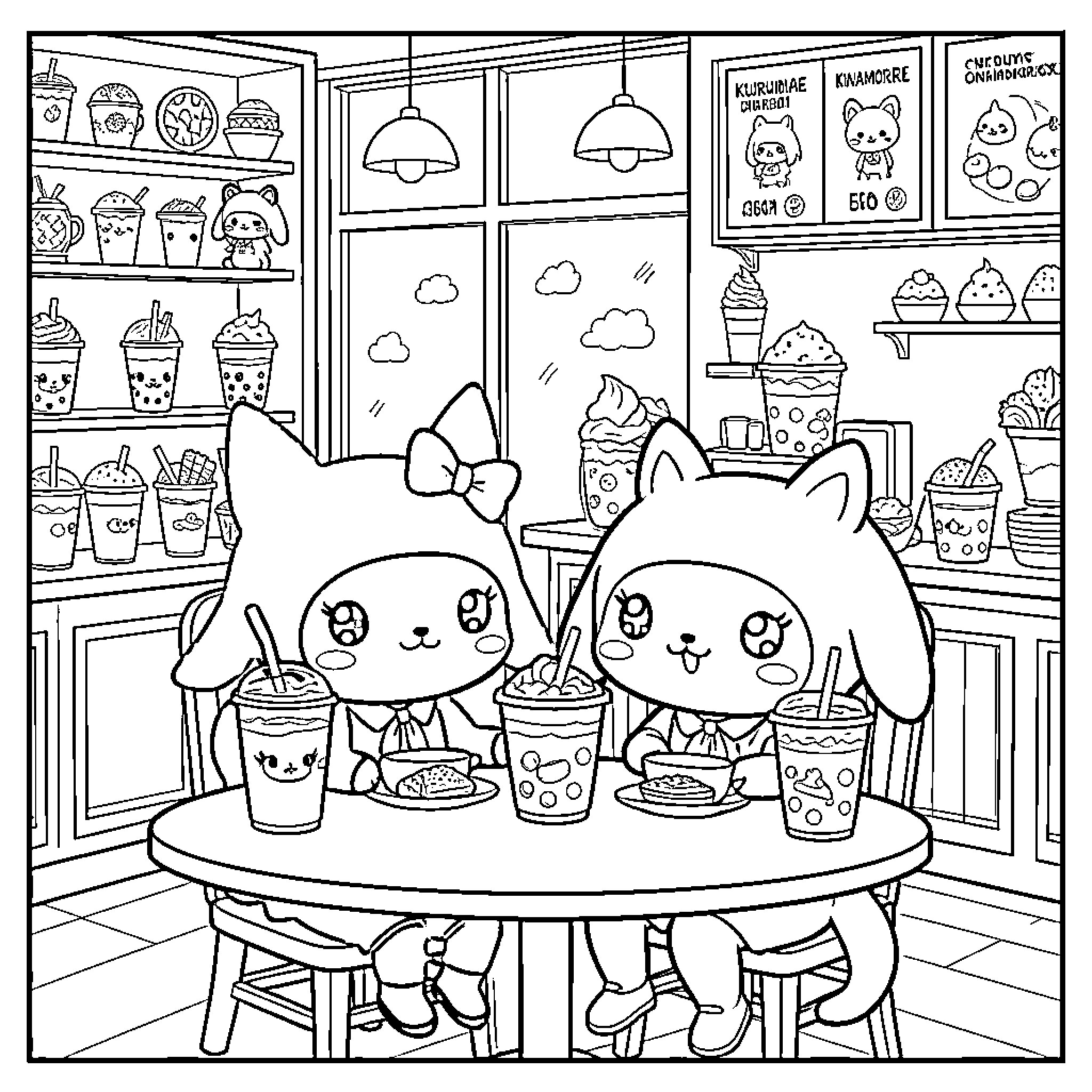 Kuromi and friend enjoying drinks at a cafe Coloring Page (free black-and-white line drawing printable PDF for all, from beginners to advanced learners, including children, teens, adults, and seniors)