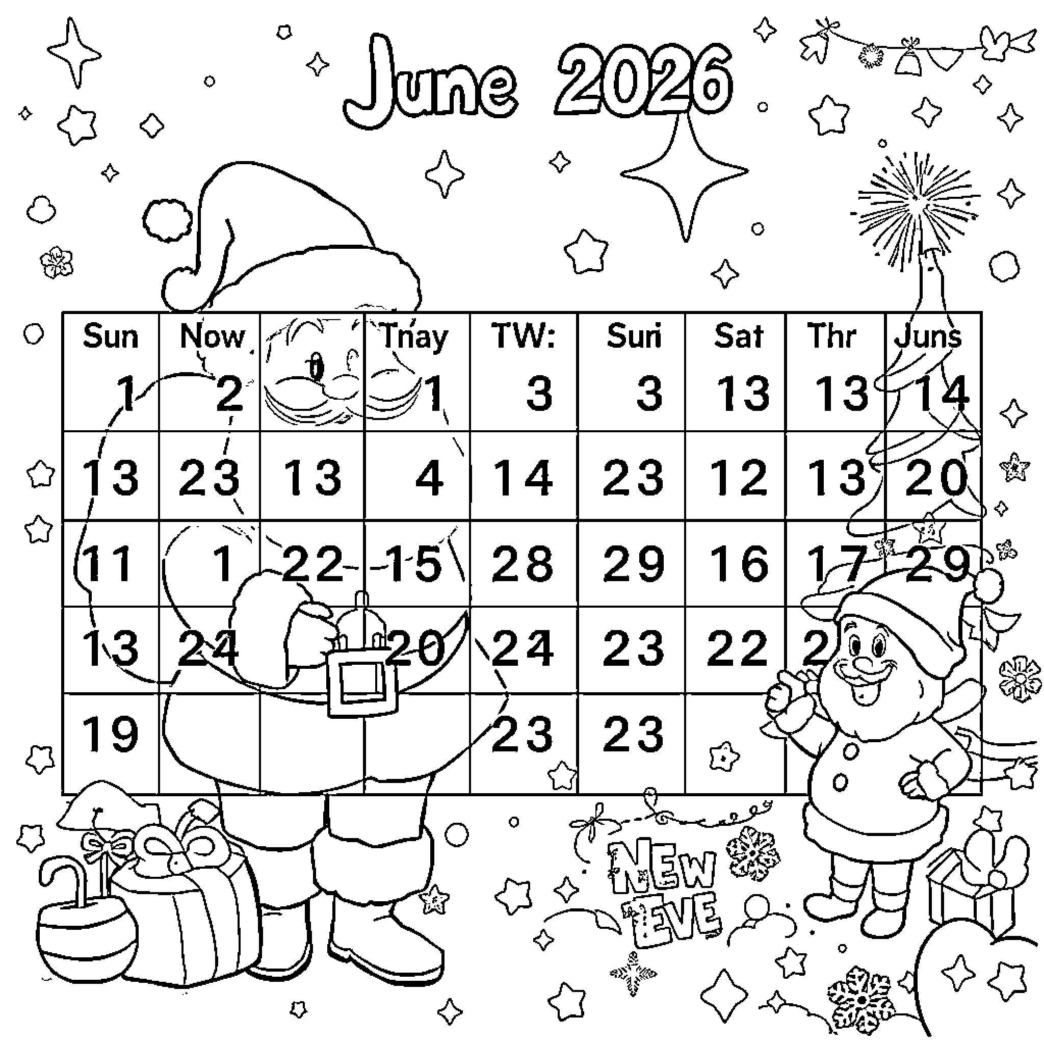 Santa's Festive June Calendar with Cheerful Decorations Coloring Page (free black-and-white line drawing printable PDF for all, from beginners to advanced learners, including children, teens, adults, and seniors)
