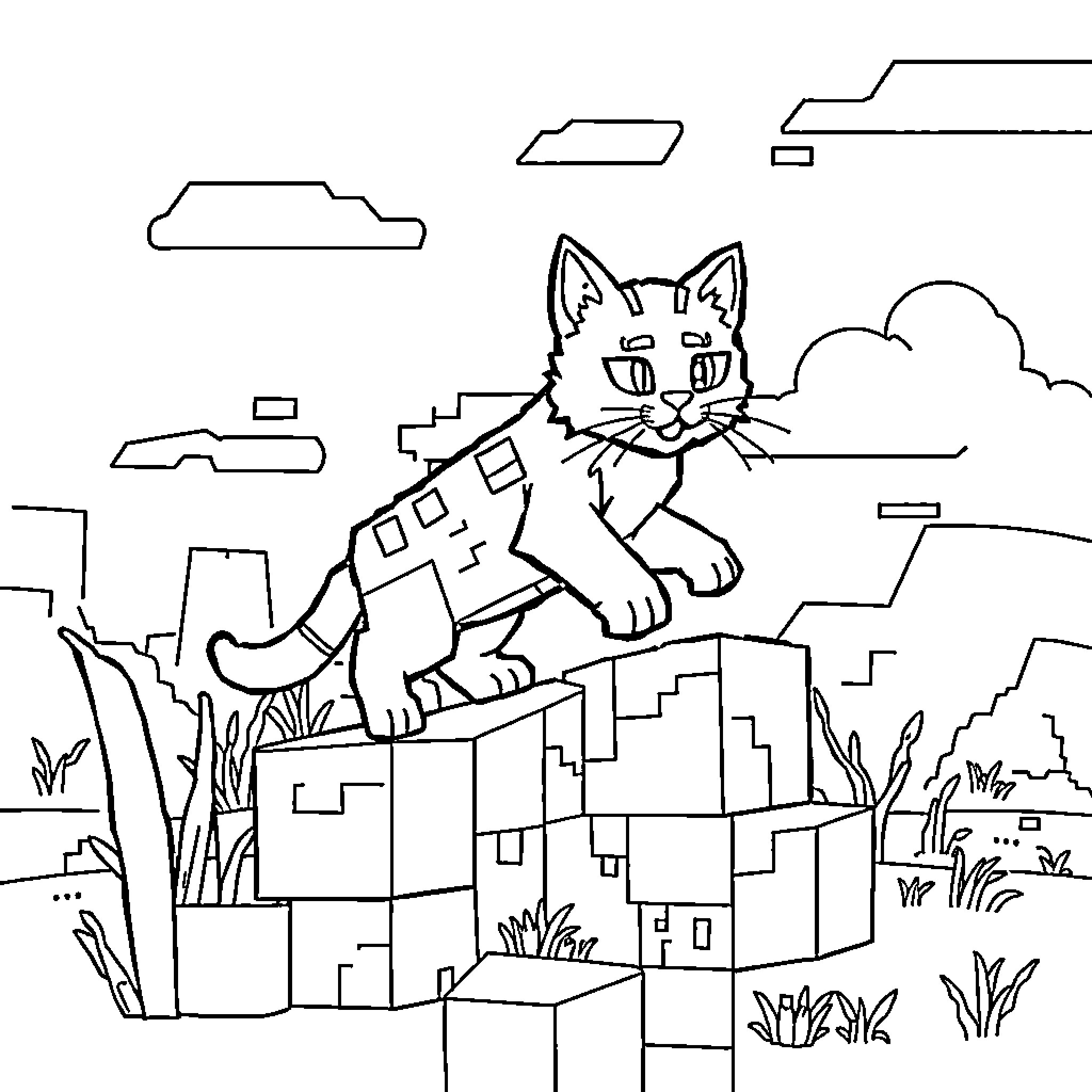Cat exploring the city skyline Coloring Page (free black-and-white line drawing printable PDF for all, from beginners to advanced learners, including children, teens, adults, and seniors)