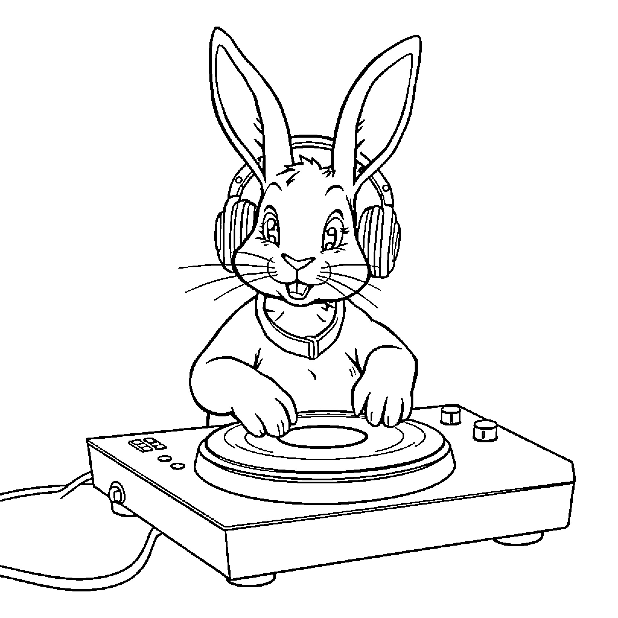 Rabbit DJ mixing tunes with headphones Coloring Page (free black-and-white line drawing printable PDF for all, from beginners to advanced learners, including children, teens, adults, and seniors)