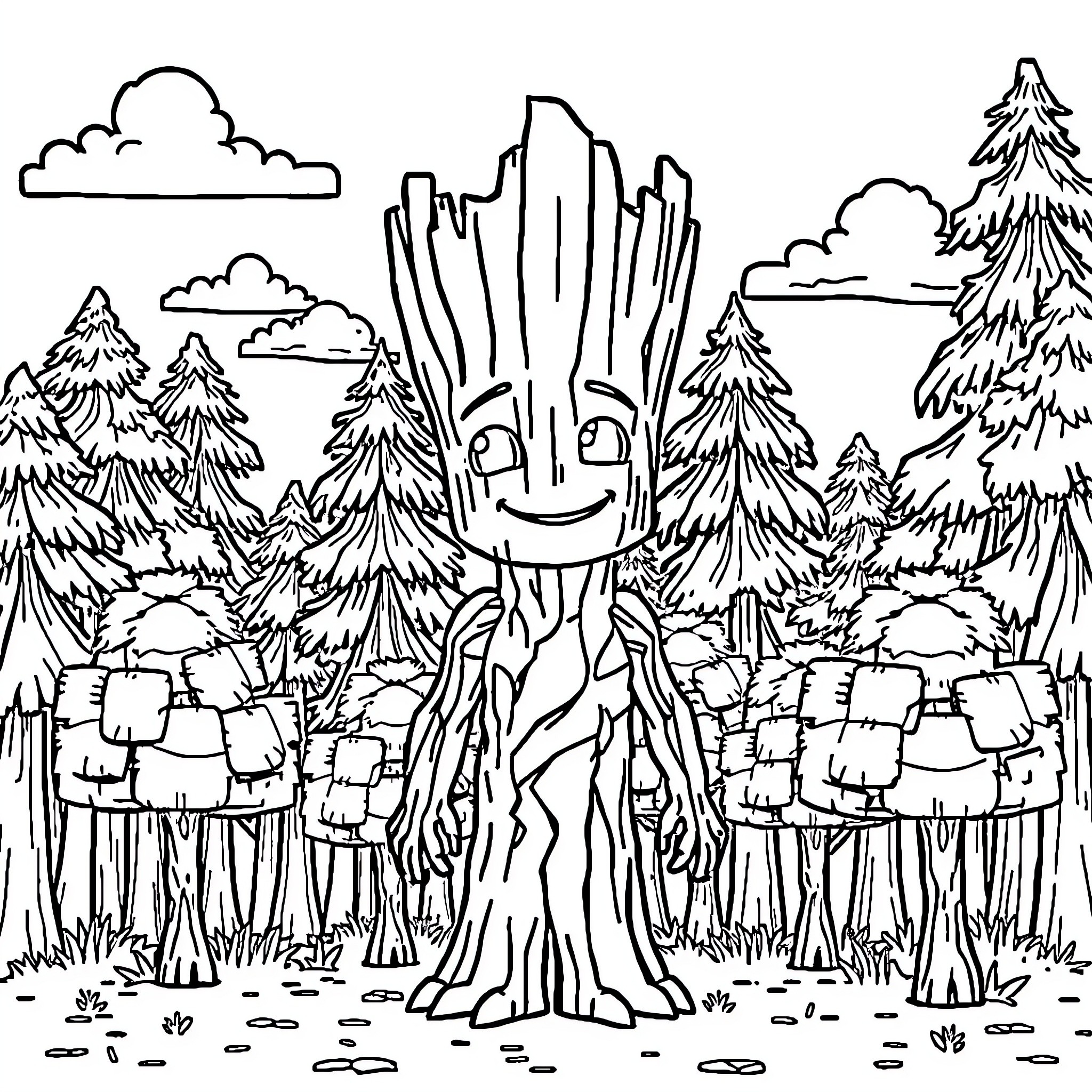 Groot enjoying the forest landscape Coloring Page (free black-and-white line drawing printable PDF for all, from beginners to advanced learners, including children, teens, adults, and seniors)