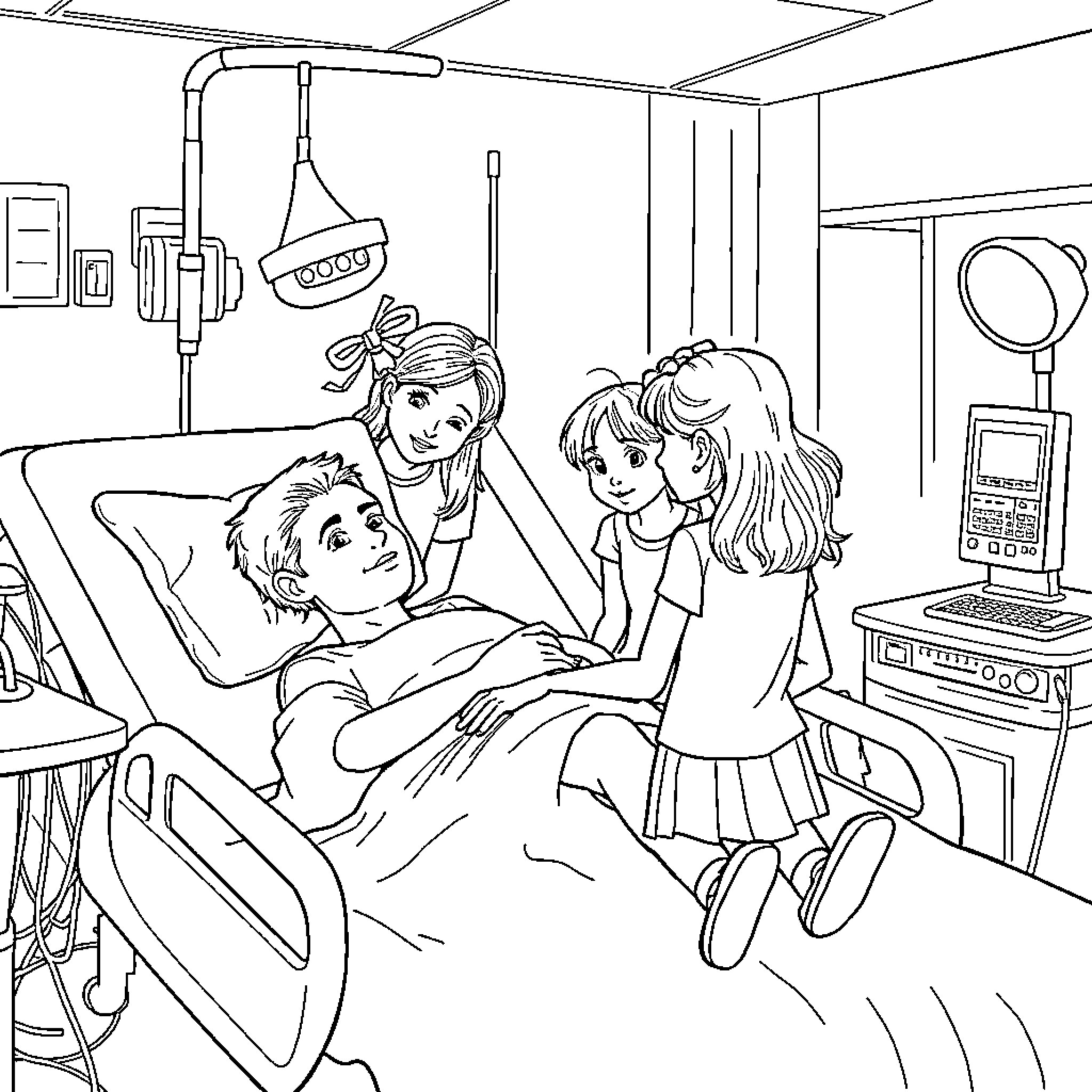 Girl visits ill friend in hospital Coloring Page (free black-and-white line drawing printable PDF for all, from beginners to advanced learners, including children, teens, adults, and seniors)
