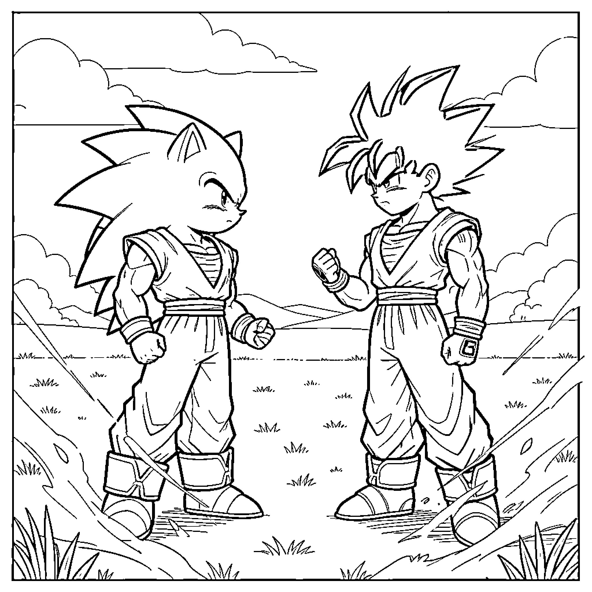Sonic and Goku facing each other in a battle stance Coloring Page (free black-and-white line drawing printable PDF for all, from beginners to advanced learners, including children, teens, adults, and seniors)