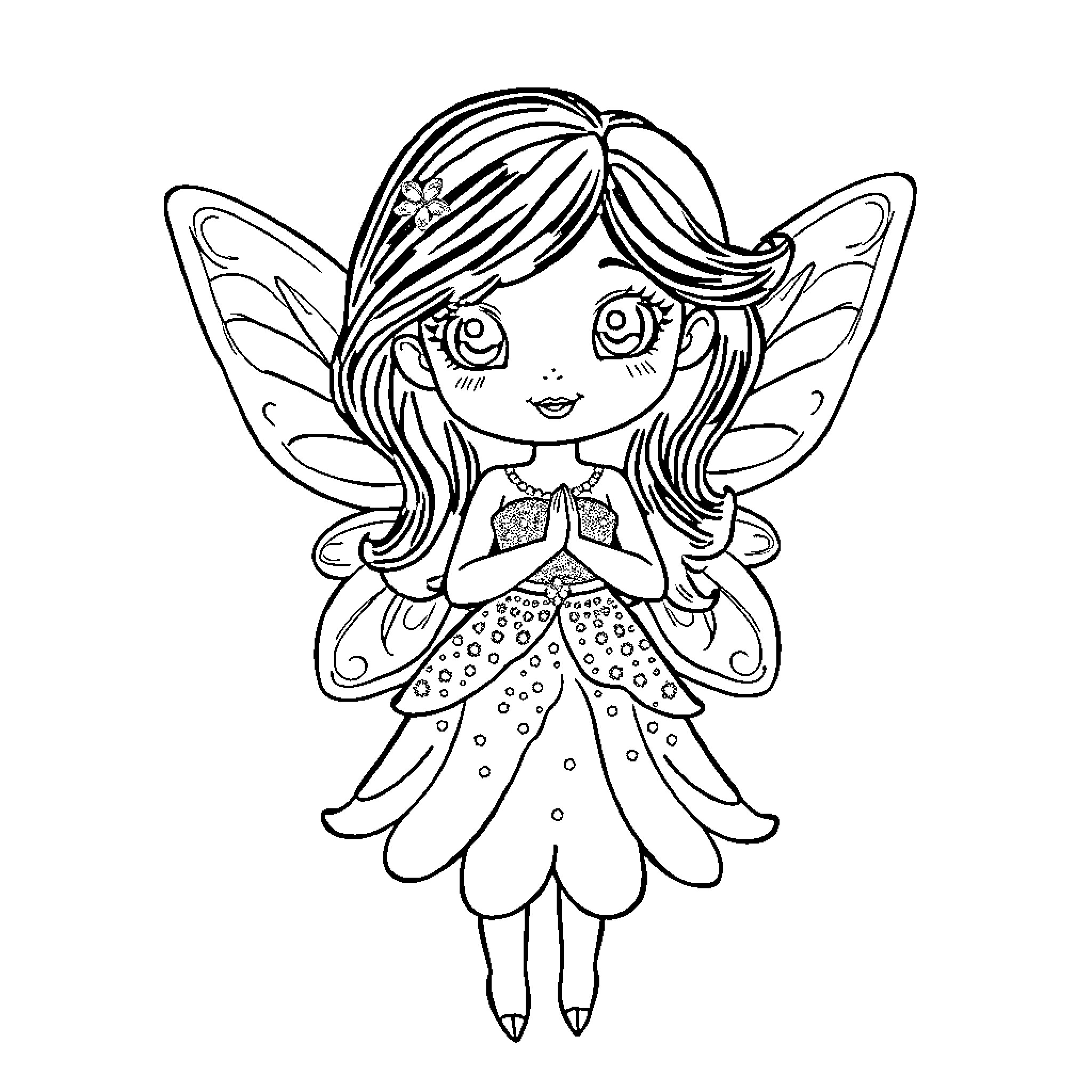 Fairy girl with butterfly wings in whimsical dress Coloring Page (free black-and-white line drawing printable PDF for all, from beginners to advanced learners, including children, teens, adults, and seniors)