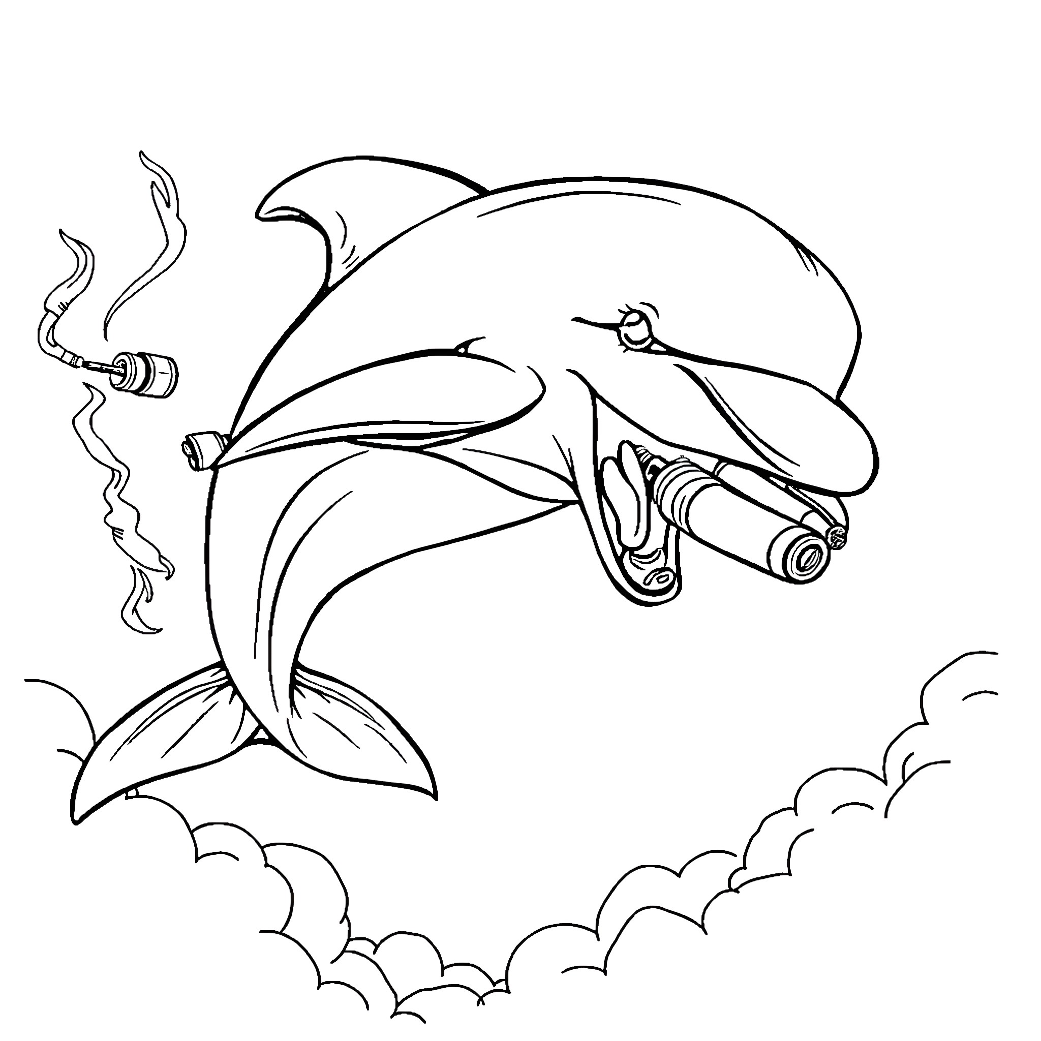 Dolphin leaping out of the clouds Coloring Page (free black-and-white line drawing printable PDF for all, from beginners to advanced learners, including children, teens, adults, and seniors)