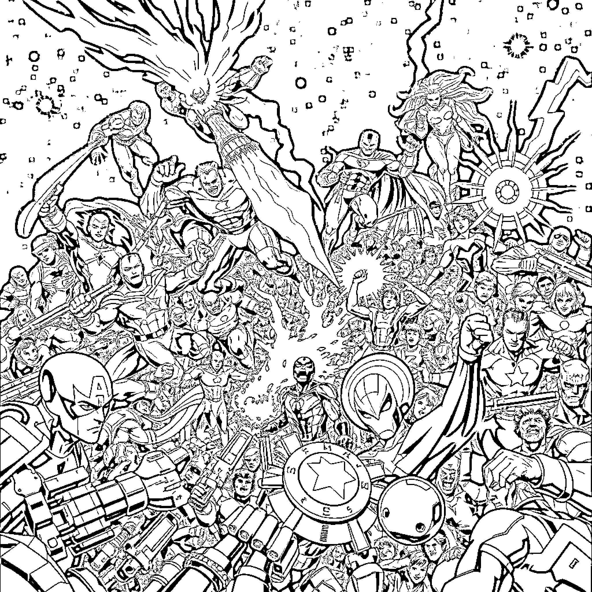 Marvel Superheroes Gather for Epic Battle Coloring Page (free black-and-white line drawing printable PDF for all, from beginners to advanced learners, including children, teens, adults, and seniors)