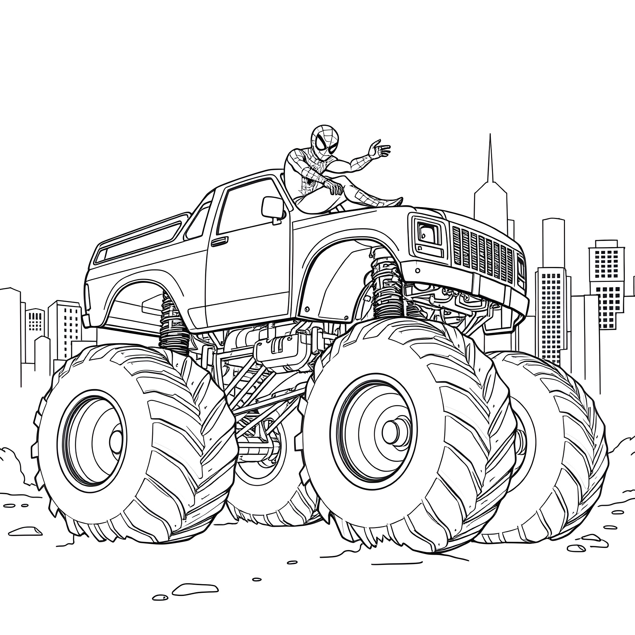 Spiderman driving a monster truck through the city Coloring Page (free black-and-white line drawing printable PDF for all, from beginners to advanced learners, including children, teens, adults, and seniors)