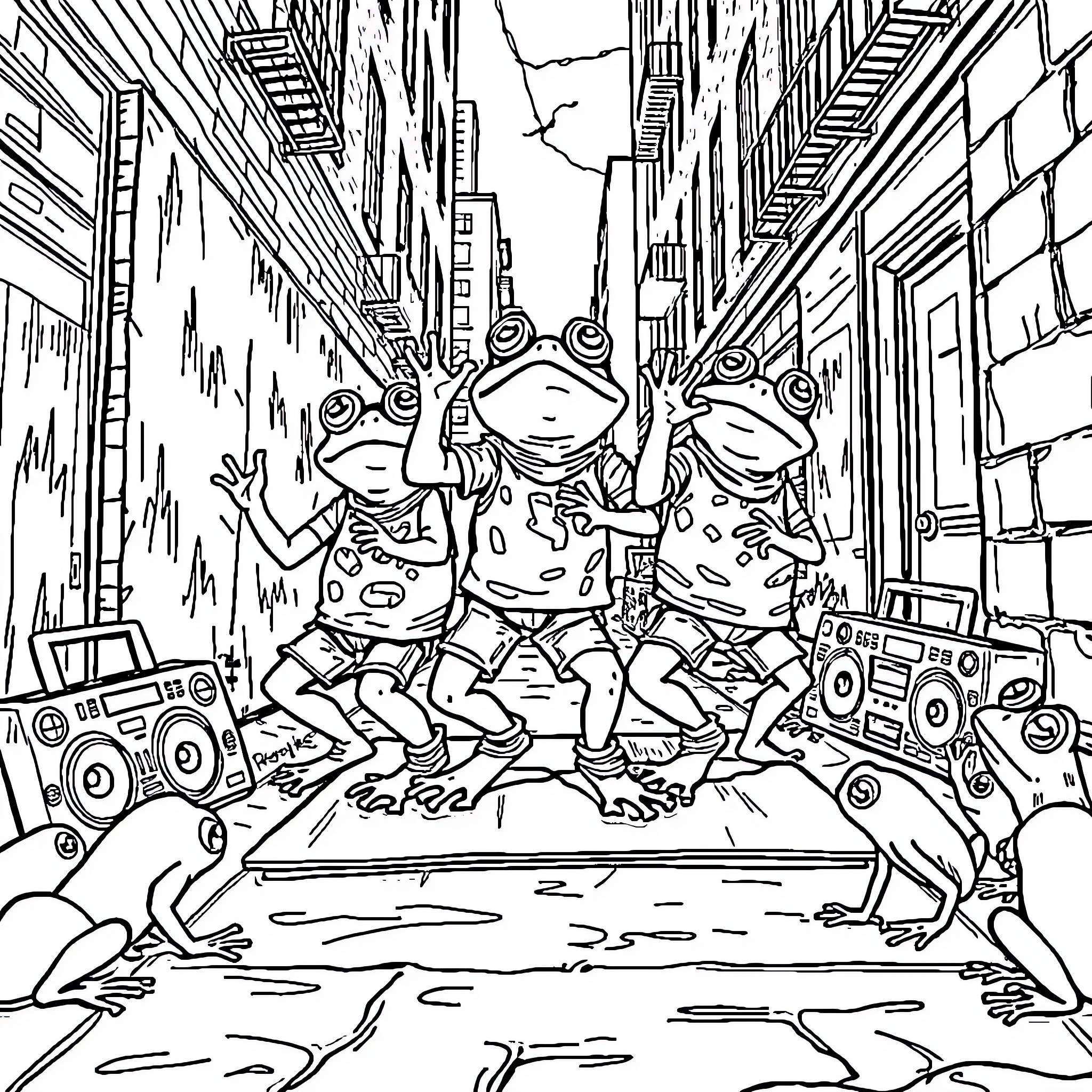 Frog friends partying in the city Coloring Page (free black-and-white line drawing printable PDF for all, from beginners to advanced learners, including children, teens, adults, and seniors)