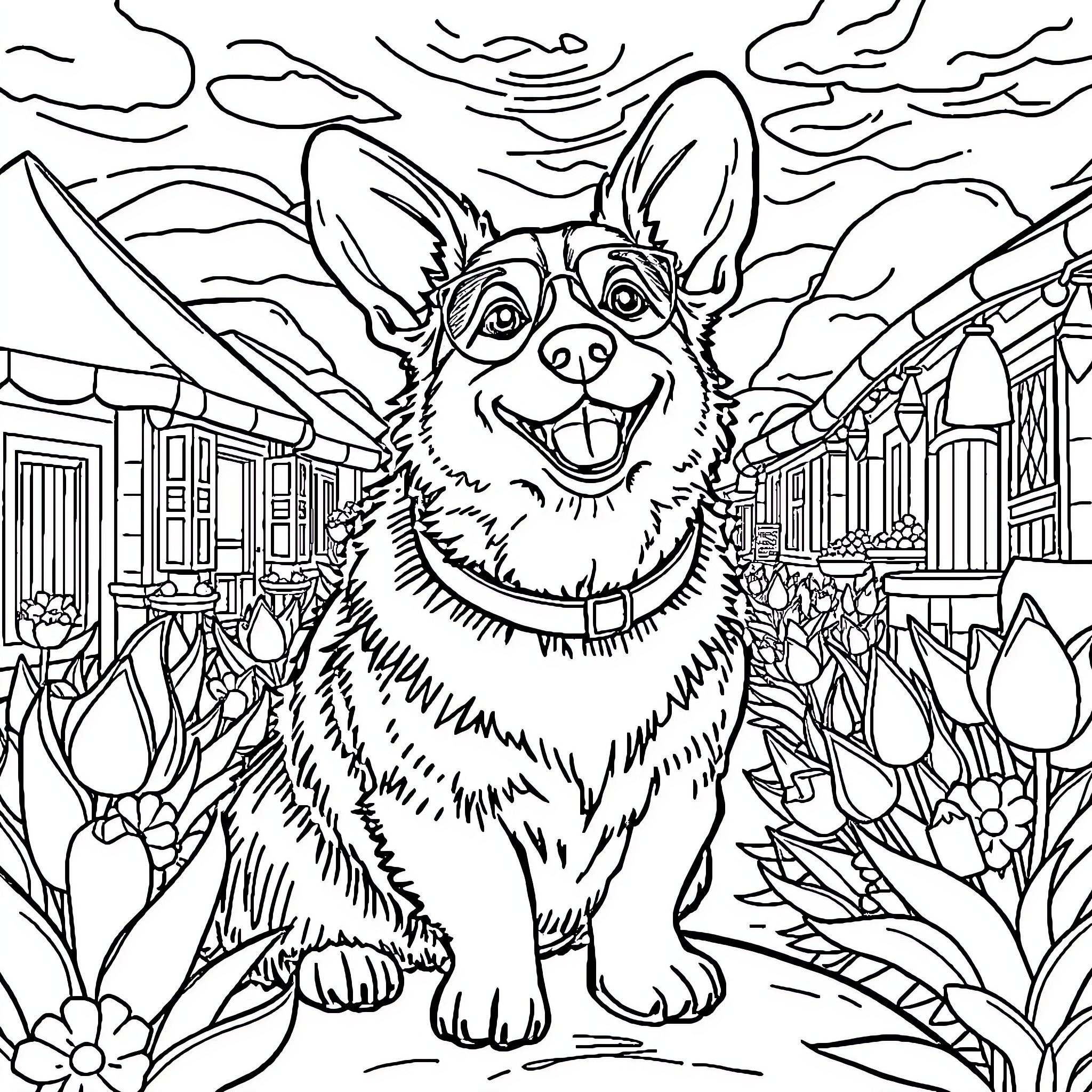 Corgi exploring a vibrant garden scene Coloring Page (free black-and-white line drawing printable PDF for all, from beginners to advanced learners, including children, teens, adults, and seniors)