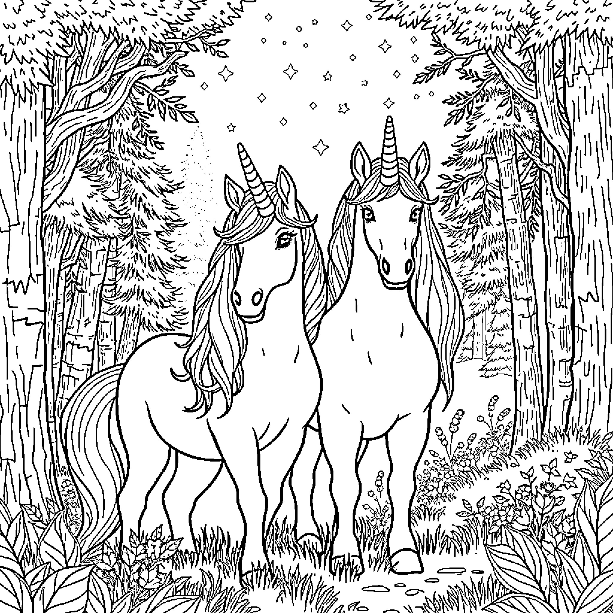 Unicorn siblings exploring the enchanted forest Coloring Page (free black-and-white line drawing printable PDF for all, from beginners to advanced learners, including children, teens, adults, and seniors)