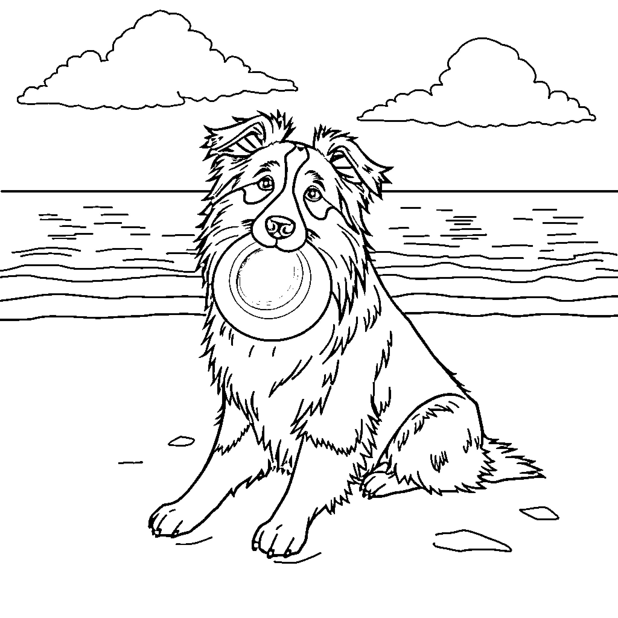 Collie playing on the beach with ocean view Coloring Page (free black-and-white line drawing printable PDF for all, from beginners to advanced learners, including children, teens, adults, and seniors)
