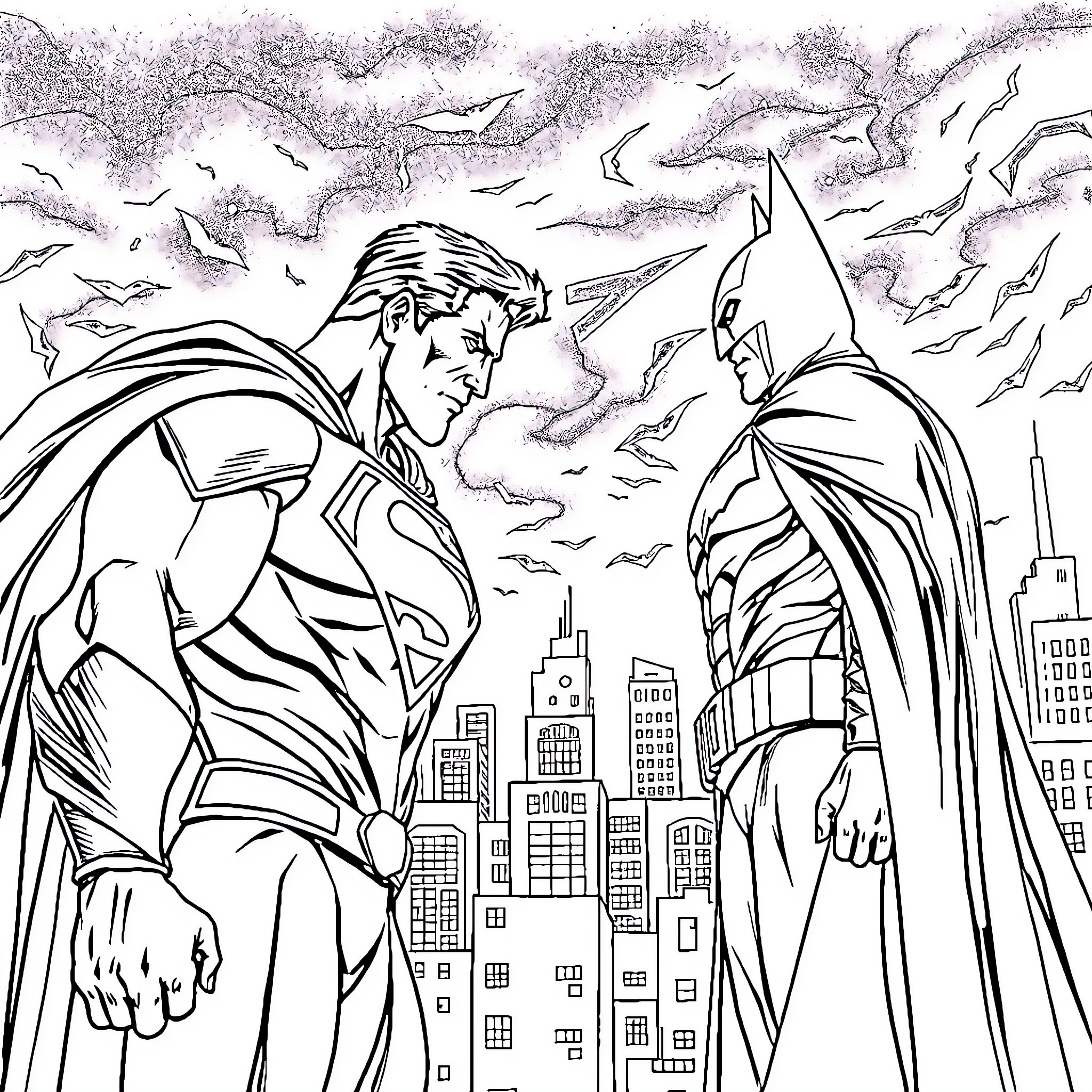 Superhero Clash Over the City Coloring Page (free black-and-white line drawing printable PDF for all, from beginners to advanced learners, including children, teens, adults, and seniors)