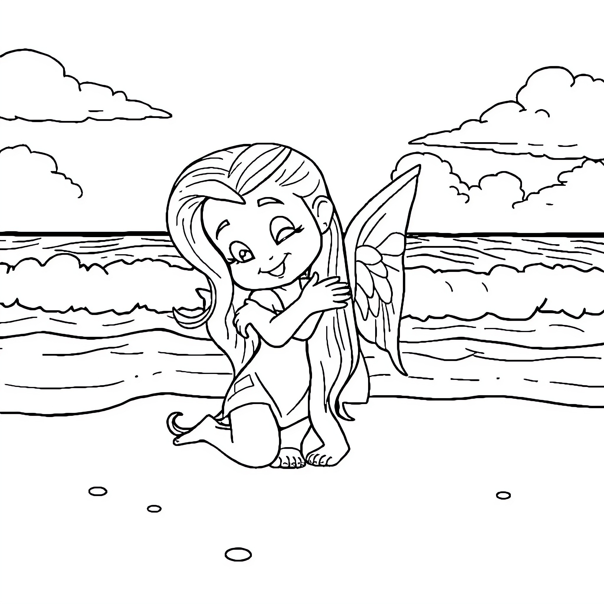 Lilo playing happily by the ocean Coloring Page (free black-and-white line drawing printable PDF for all, from beginners to advanced learners, including children, teens, adults, and seniors)