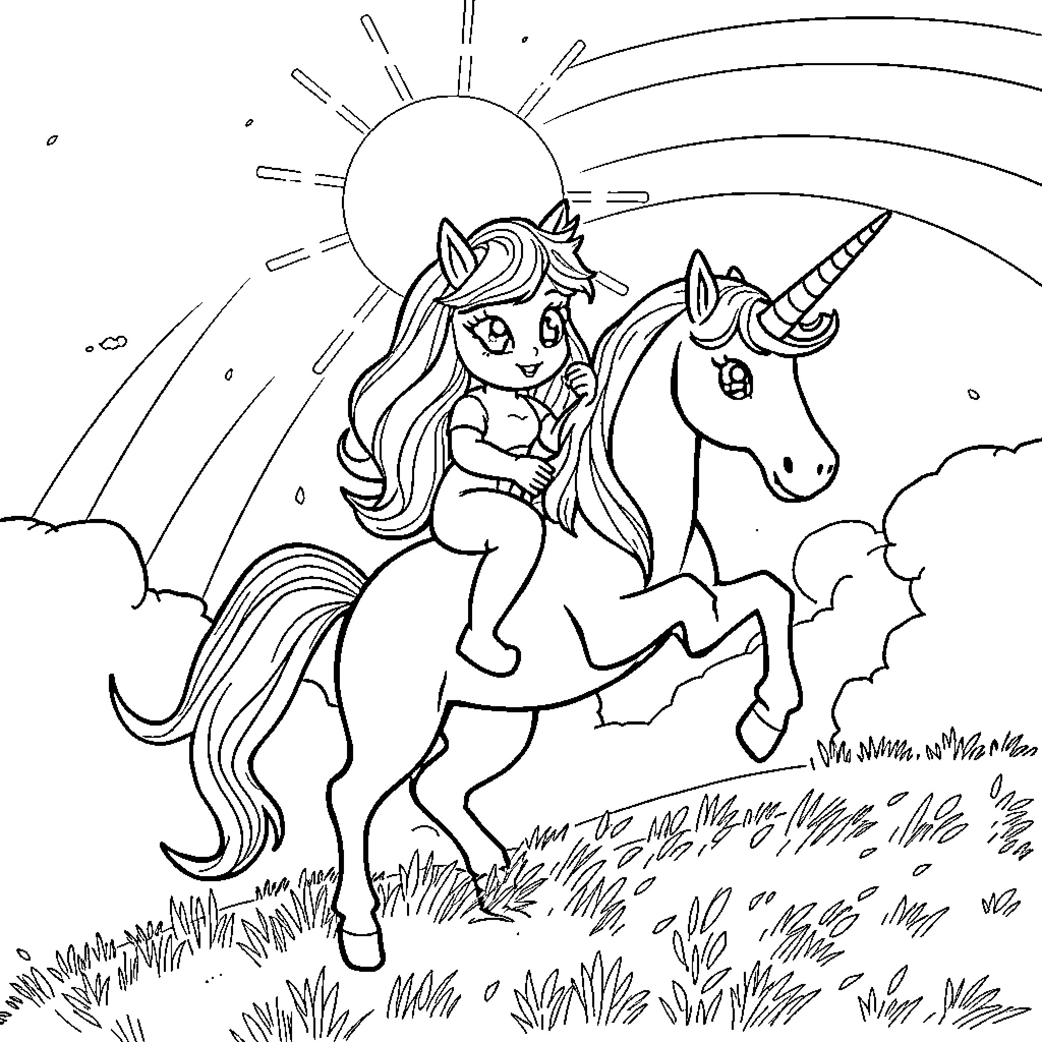 Unicorn riding joyfully under the sun Coloring Page (free black-and-white line drawing printable PDF for all, from beginners to advanced learners, including children, teens, adults, and seniors)