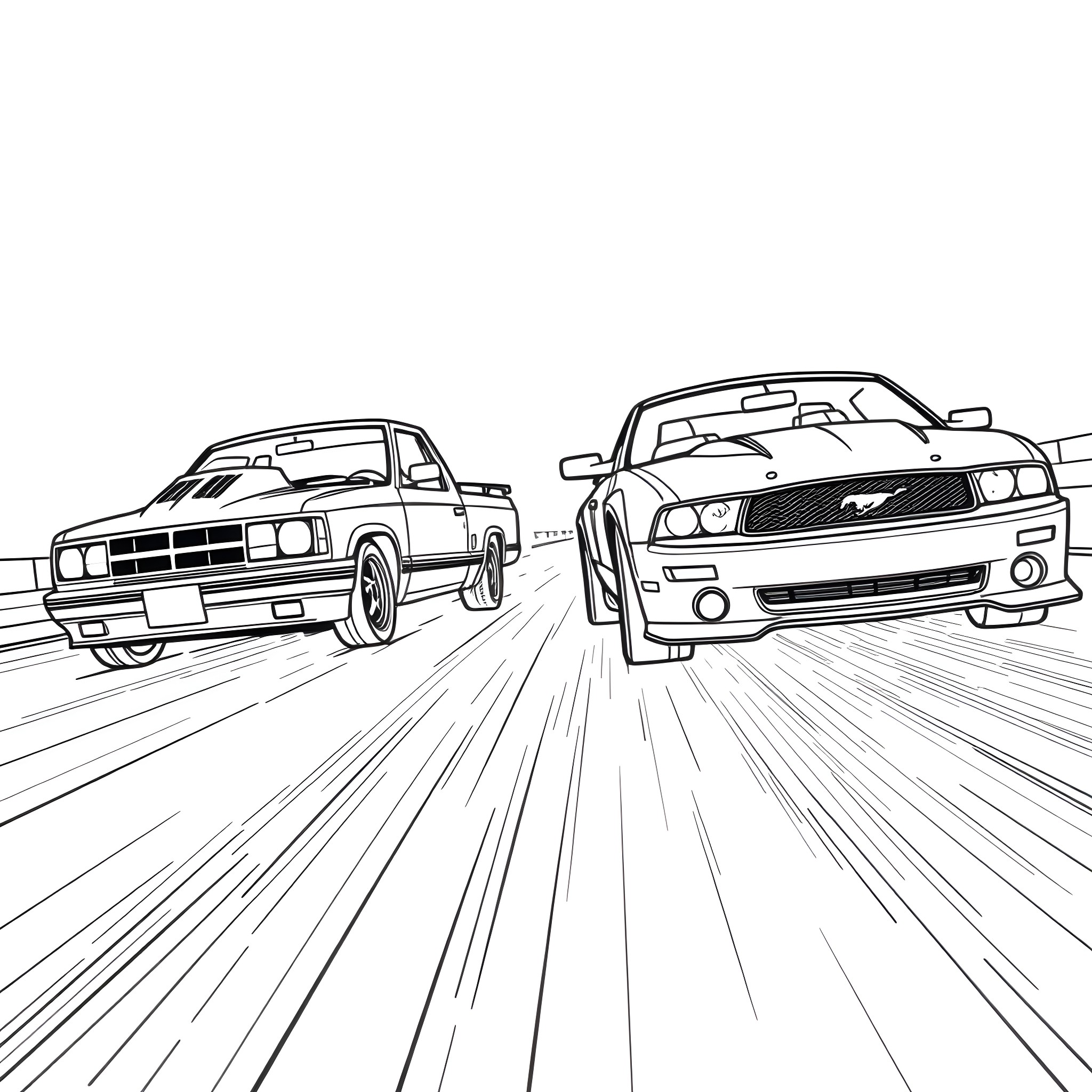 Chevy S10 Racing Mustang on the Road Coloring Page (free black-and-white line drawing printable PDF for all, from beginners to advanced learners, including children, teens, adults, and seniors)