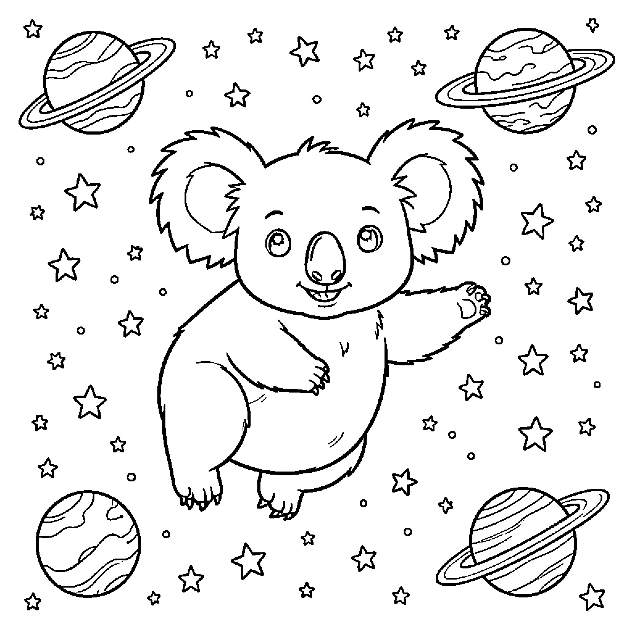Koala floating happily among planets and stars Coloring Page (free black-and-white line drawing printable PDF for all, from beginners to advanced learners, including children, teens, adults, and seniors)