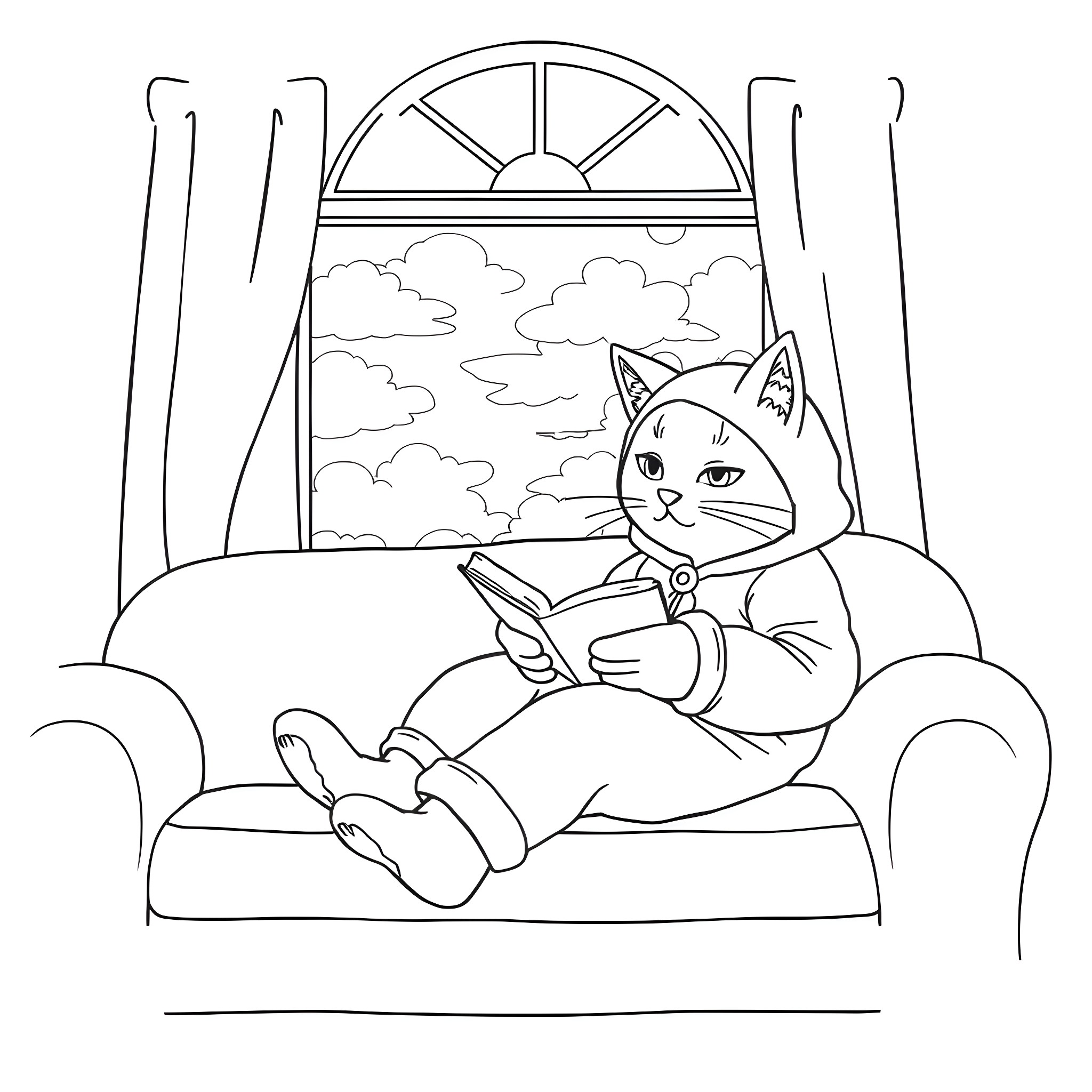 Cat relaxing and reading a book on a couch Coloring Page (free black-and-white line drawing printable PDF for all, from beginners to advanced learners, including children, teens, adults, and seniors)