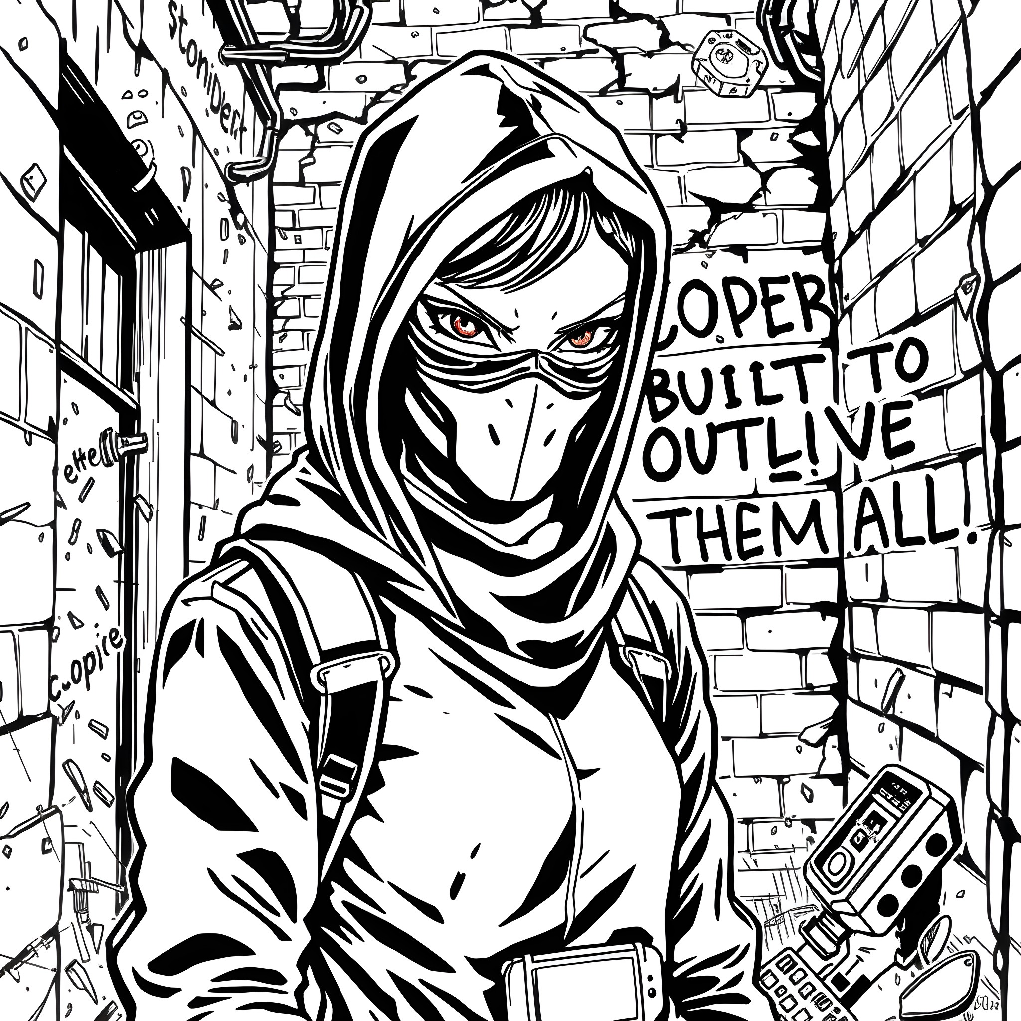 Hacker Built to Outlive Them All Coloring Page (free black-and-white line drawing printable PDF for all, from beginners to advanced learners, including children, teens, adults, and seniors)