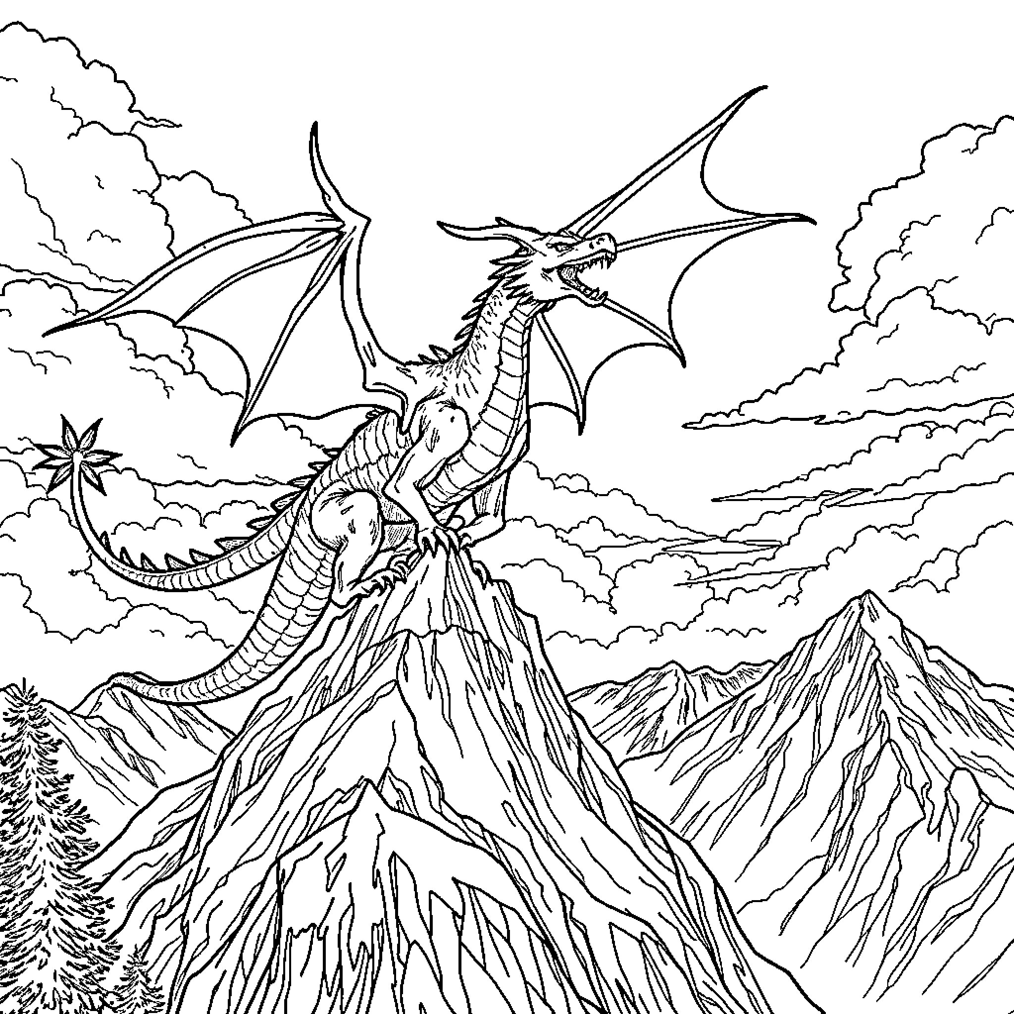 Dragon soaring above majestic mountains Coloring Page (free black-and-white line drawing printable PDF for all, from beginners to advanced learners, including children, teens, adults, and seniors)