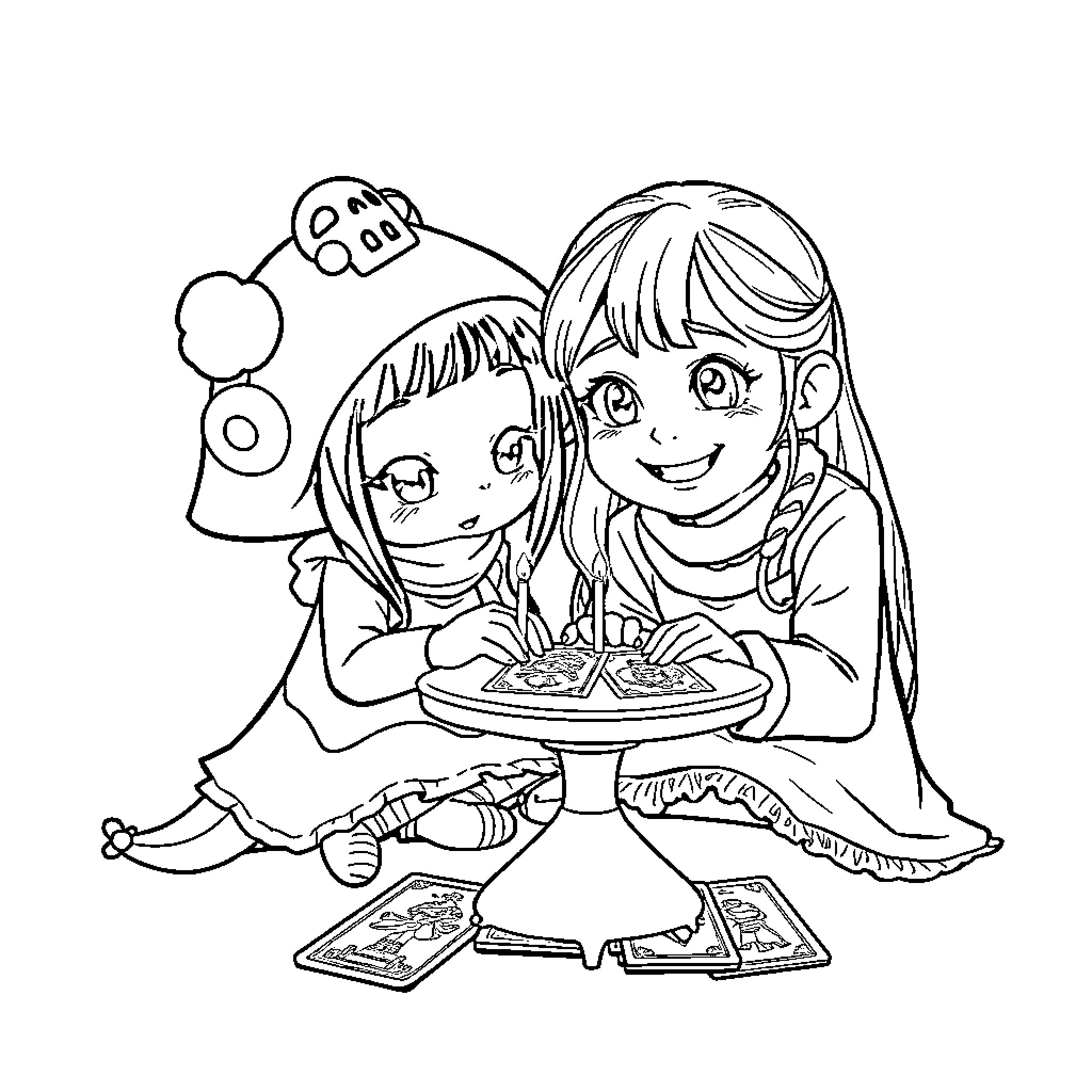 Kuromi and friend enjoying snacks together Coloring Page (free black-and-white line drawing printable PDF for all, from beginners to advanced learners, including children, teens, adults, and seniors)