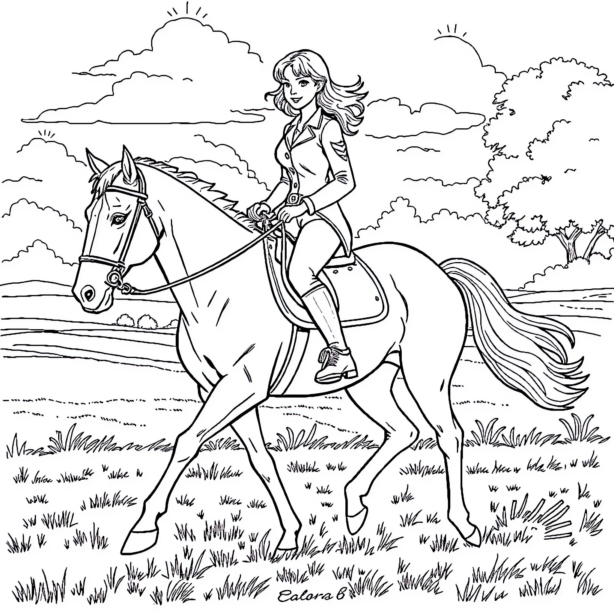 Lady riding horse through countryside landscape Coloring Page (free black-and-white line drawing printable PDF for all, from beginners to advanced learners, including children, teens, adults, and seniors)