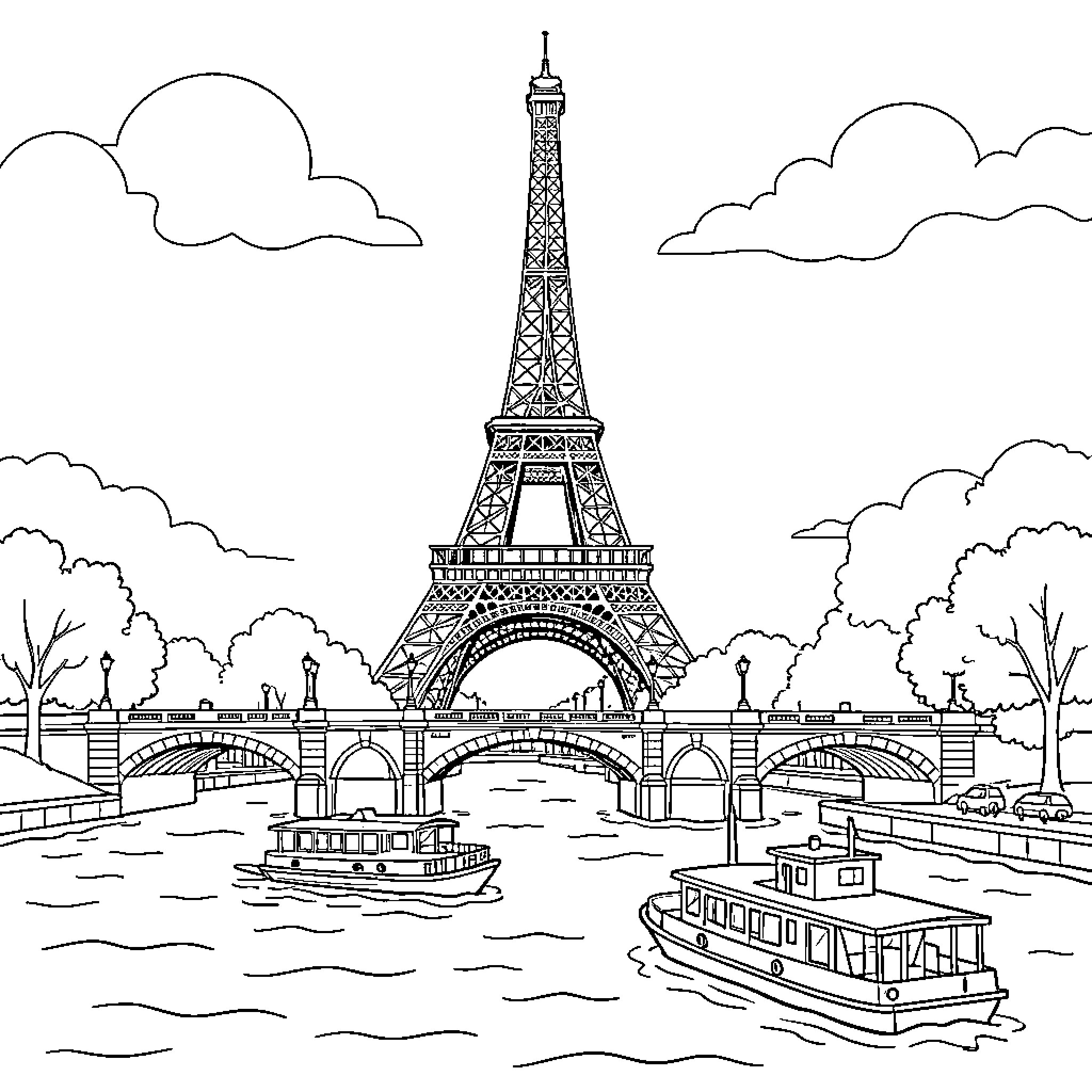 Eiffel Tower overlooking river boats and city bridges Coloring Page (free black-and-white line drawing printable PDF for all, from beginners to advanced learners, including children, teens, adults, and seniors)