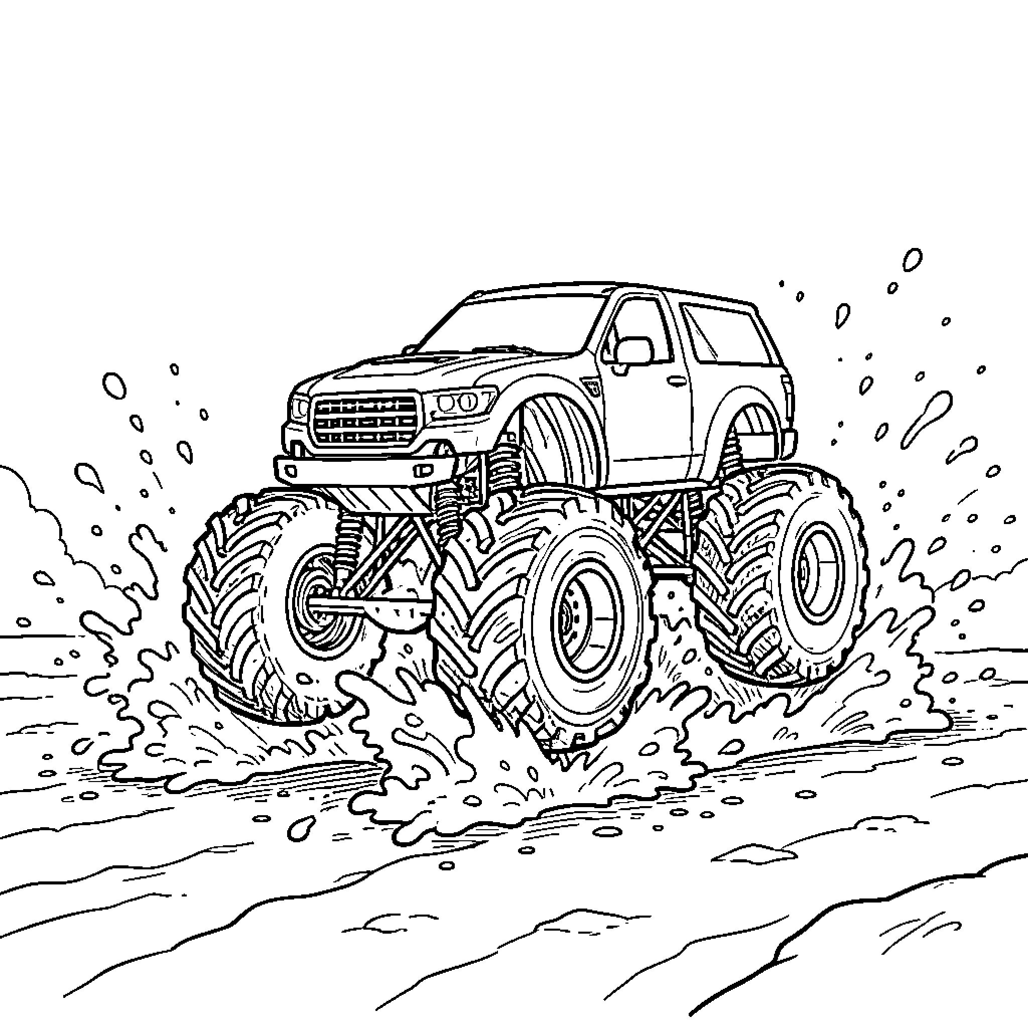 Monster Truck splashing through a muddy puddle Coloring Page (free black-and-white line drawing printable PDF for all, from beginners to advanced learners, including children, teens, adults, and seniors)