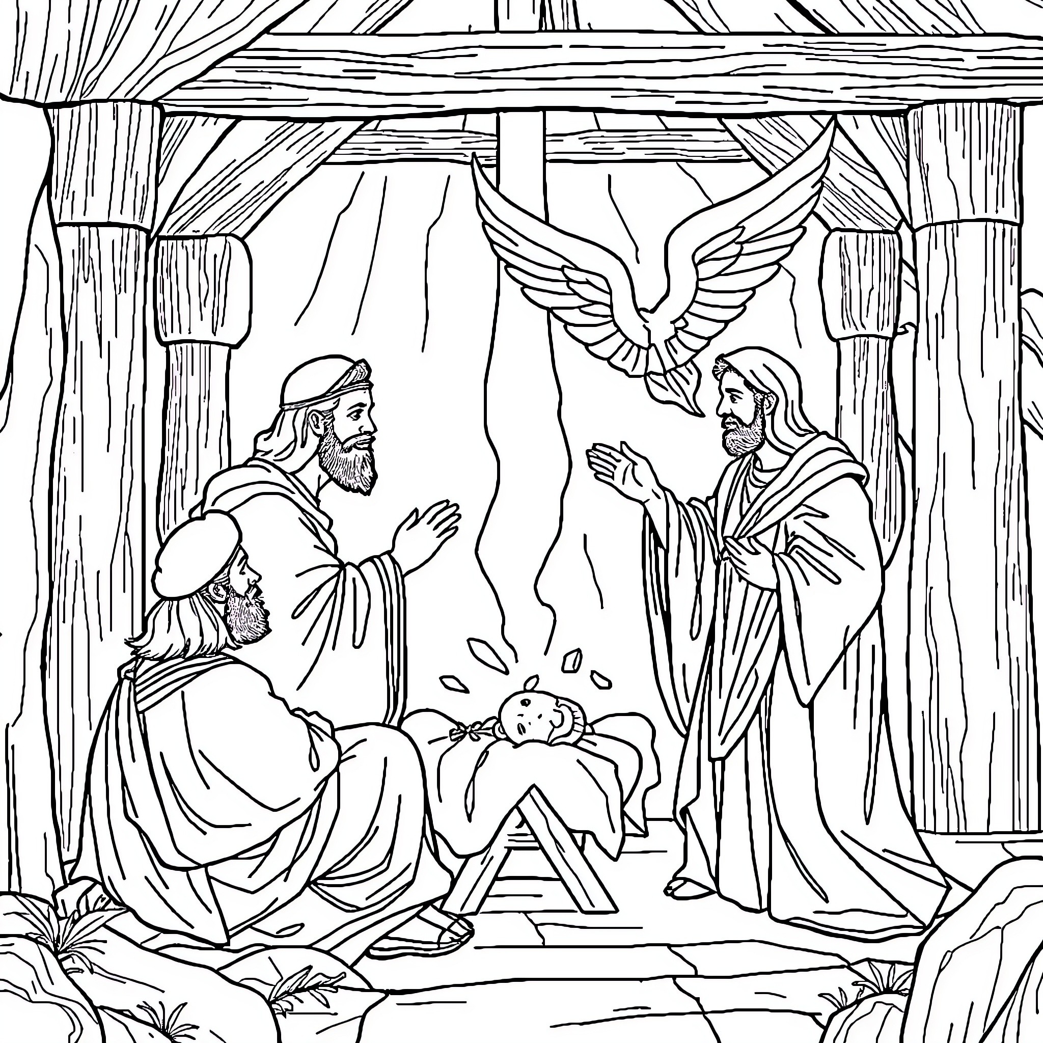 Bible Scene with Figures and Religious Symbols Coloring Page (free black-and-white line drawing printable PDF for all, from beginners to advanced learners, including children, teens, adults, and seniors)
