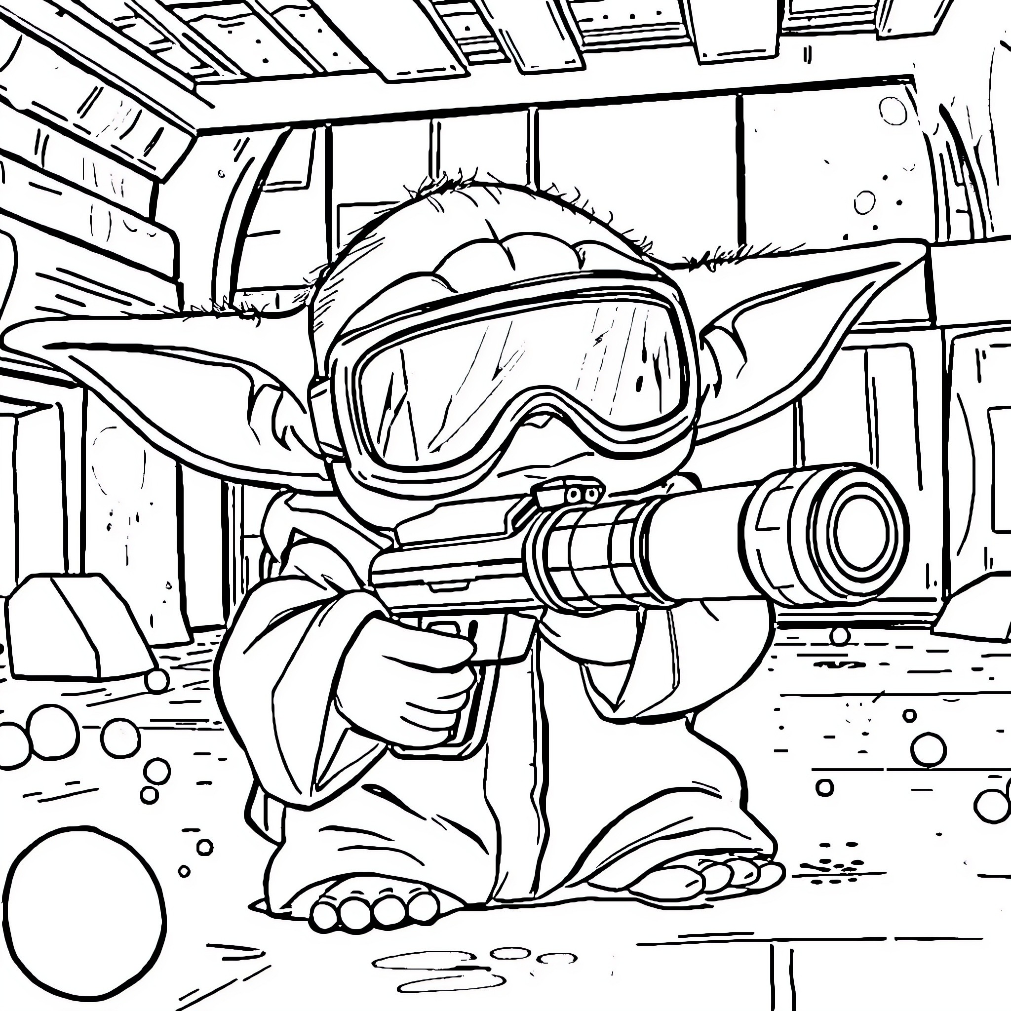 Yoda prepares for an adventure in the snow Coloring Page (free black-and-white line drawing printable PDF for all, from beginners to advanced learners, including children, teens, adults, and seniors)