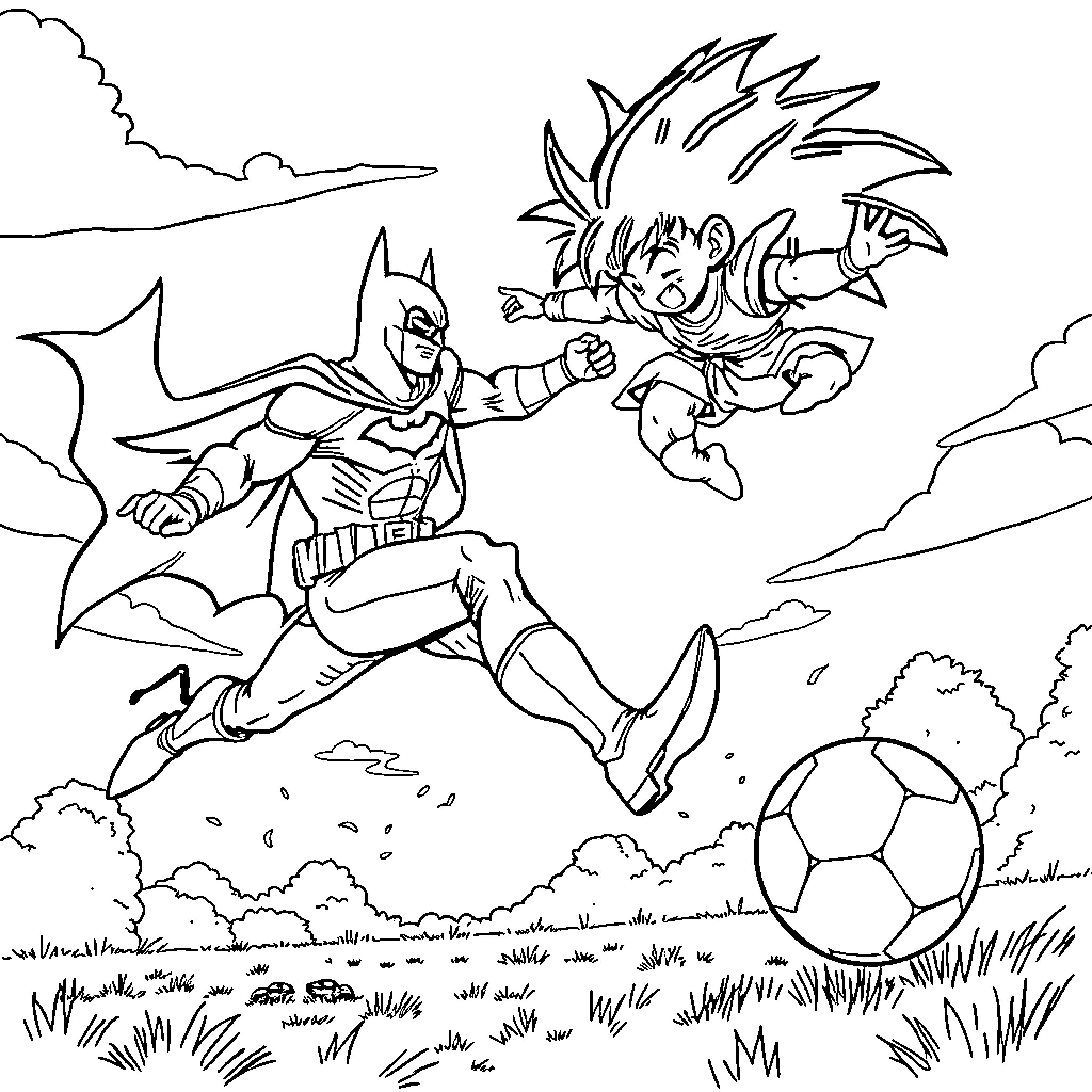 Batman chasing playful character in action-packed scene Coloring Page (free black-and-white line drawing printable PDF for all, from beginners to advanced learners, including children, teens, adults, and seniors)