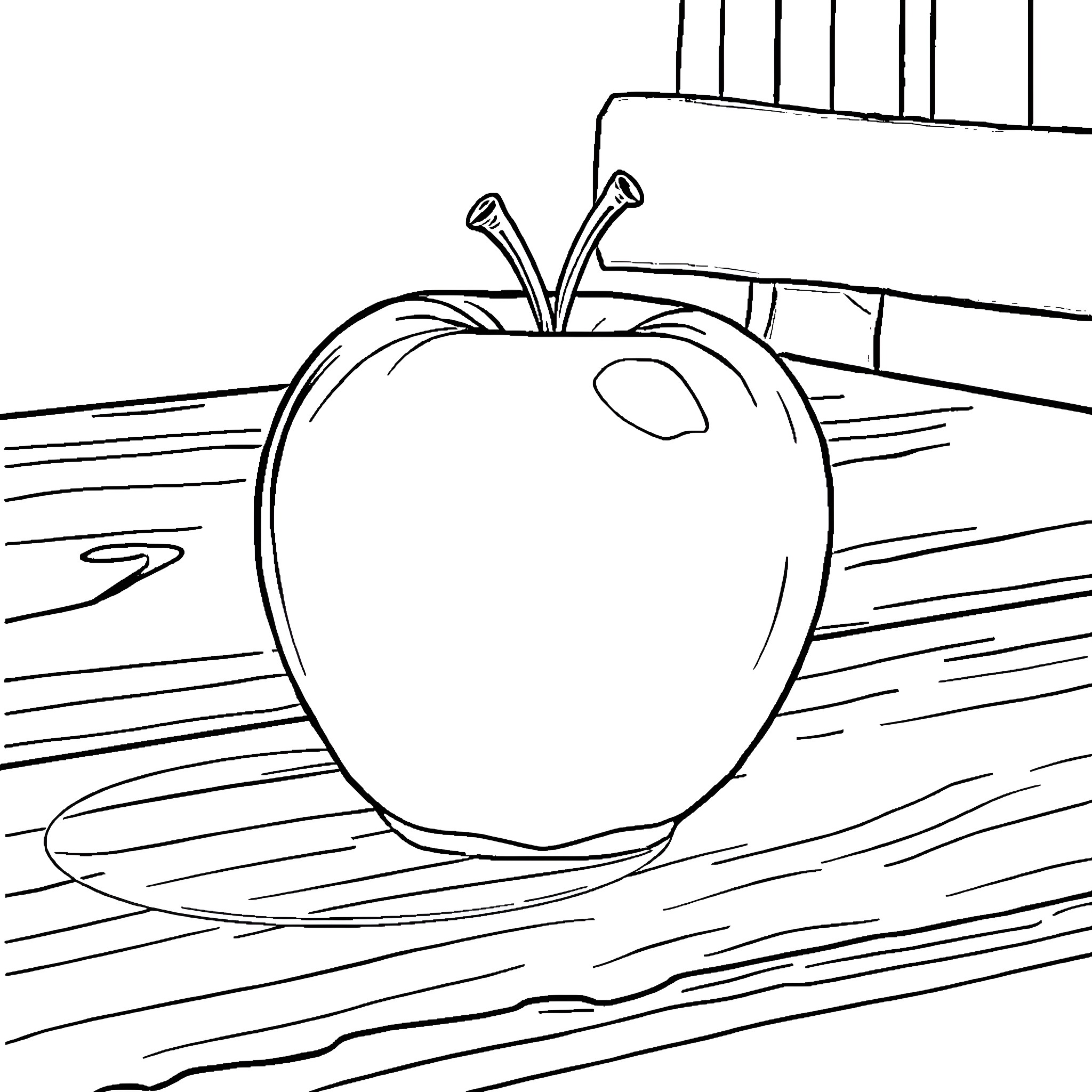 Apple on a wooden table Coloring Page (free black-and-white line drawing printable PDF for all, from beginners to advanced learners, including children, teens, adults, and seniors)