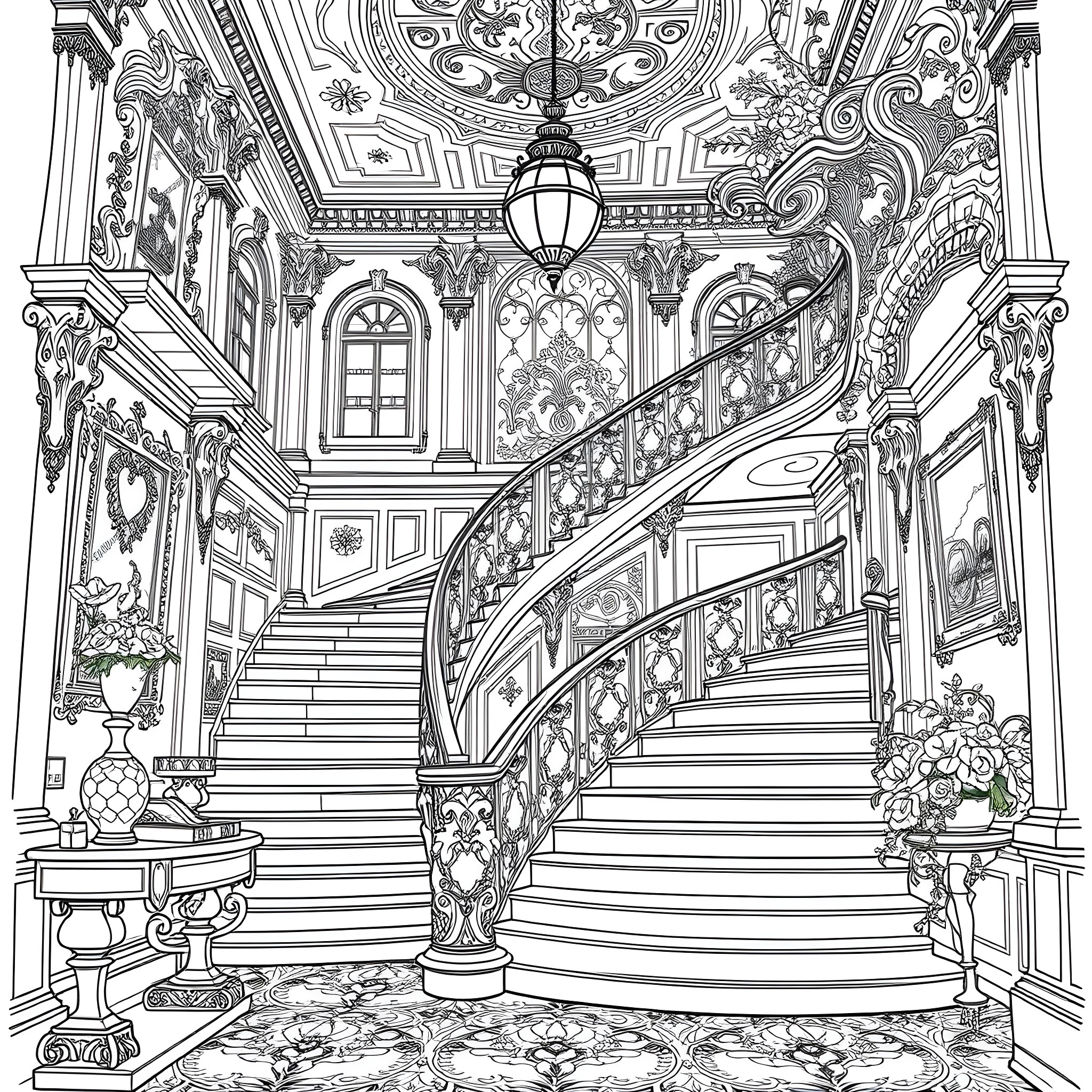 Victorian Ornate Interior with Grandiose Staircase Coloring Page (free black-and-white line drawing printable PDF for all, from beginners to advanced learners, including children, teens, adults, and seniors)