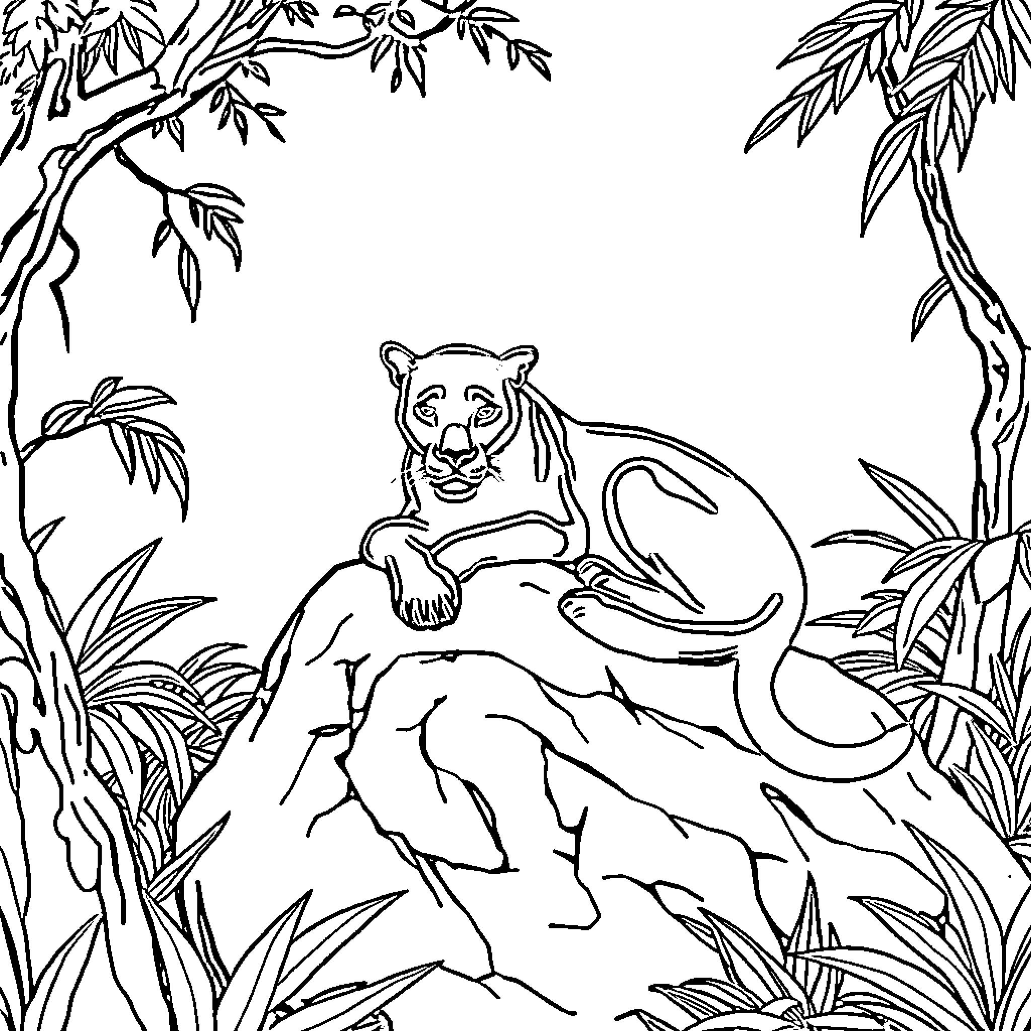 Panther relaxing on rocky outcrop in jungle Coloring Page (free black-and-white line drawing printable PDF for all, from beginners to advanced learners, including children, teens, adults, and seniors)