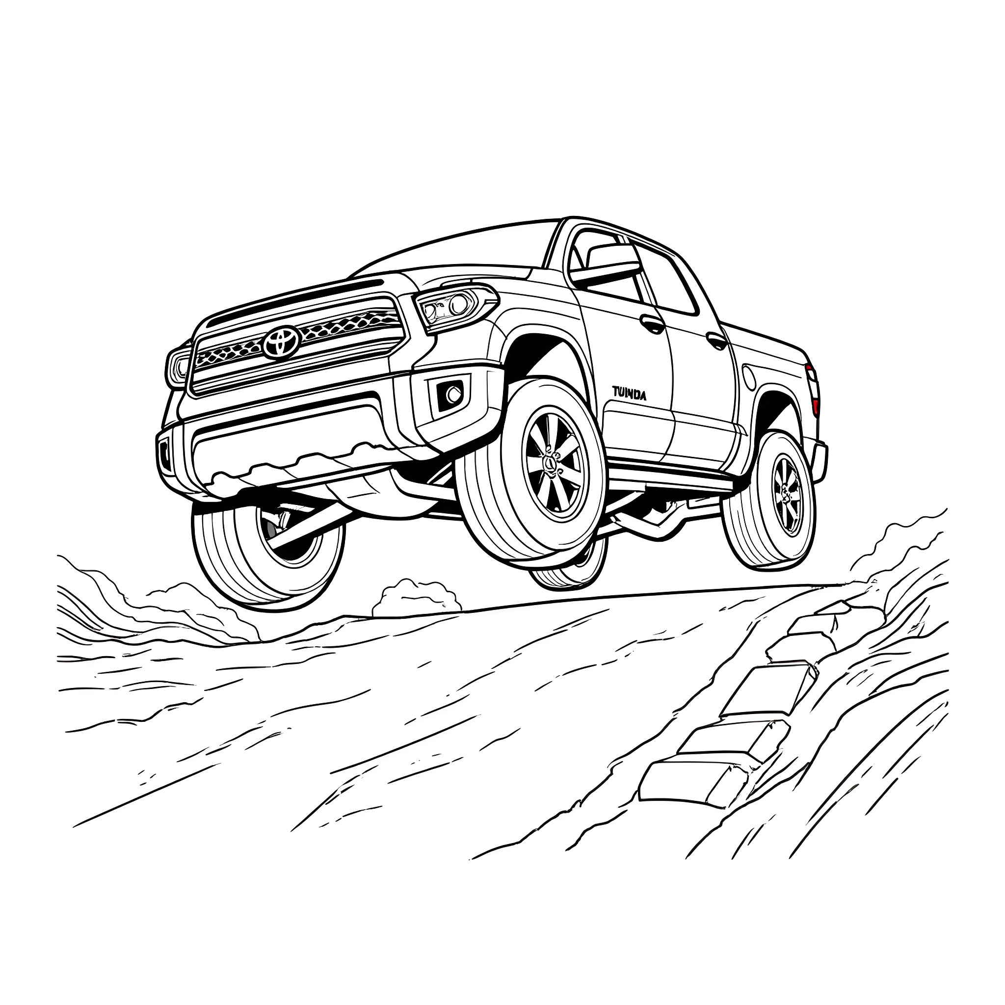 Toyota pickup truck tackling rugged terrain Coloring Page (free black-and-white line drawing printable PDF for all, from beginners to advanced learners, including children, teens, adults, and seniors)