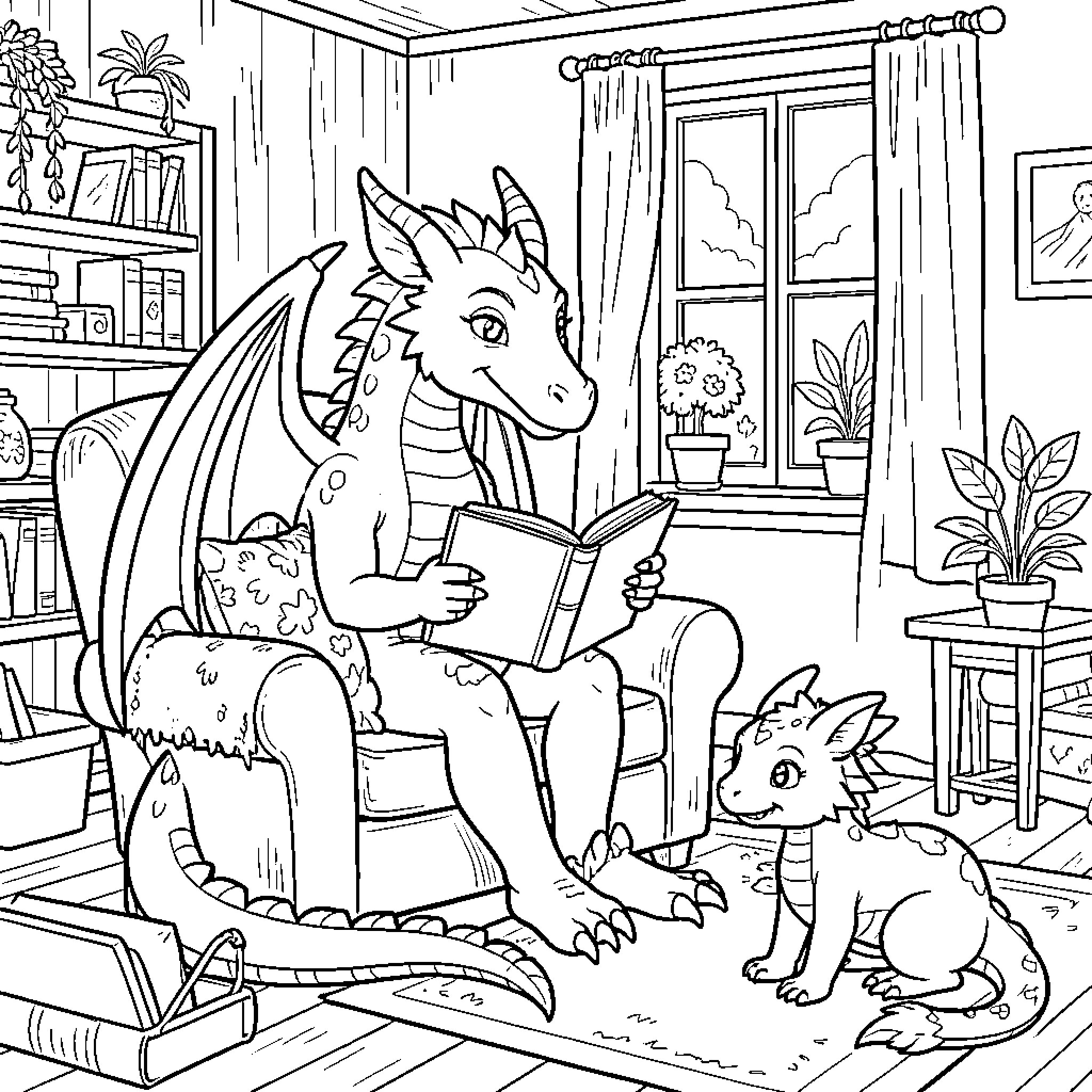 Dragon reading a book in a cozy room Coloring Page (free black-and-white line drawing printable PDF for all, from beginners to advanced learners, including children, teens, adults, and seniors)