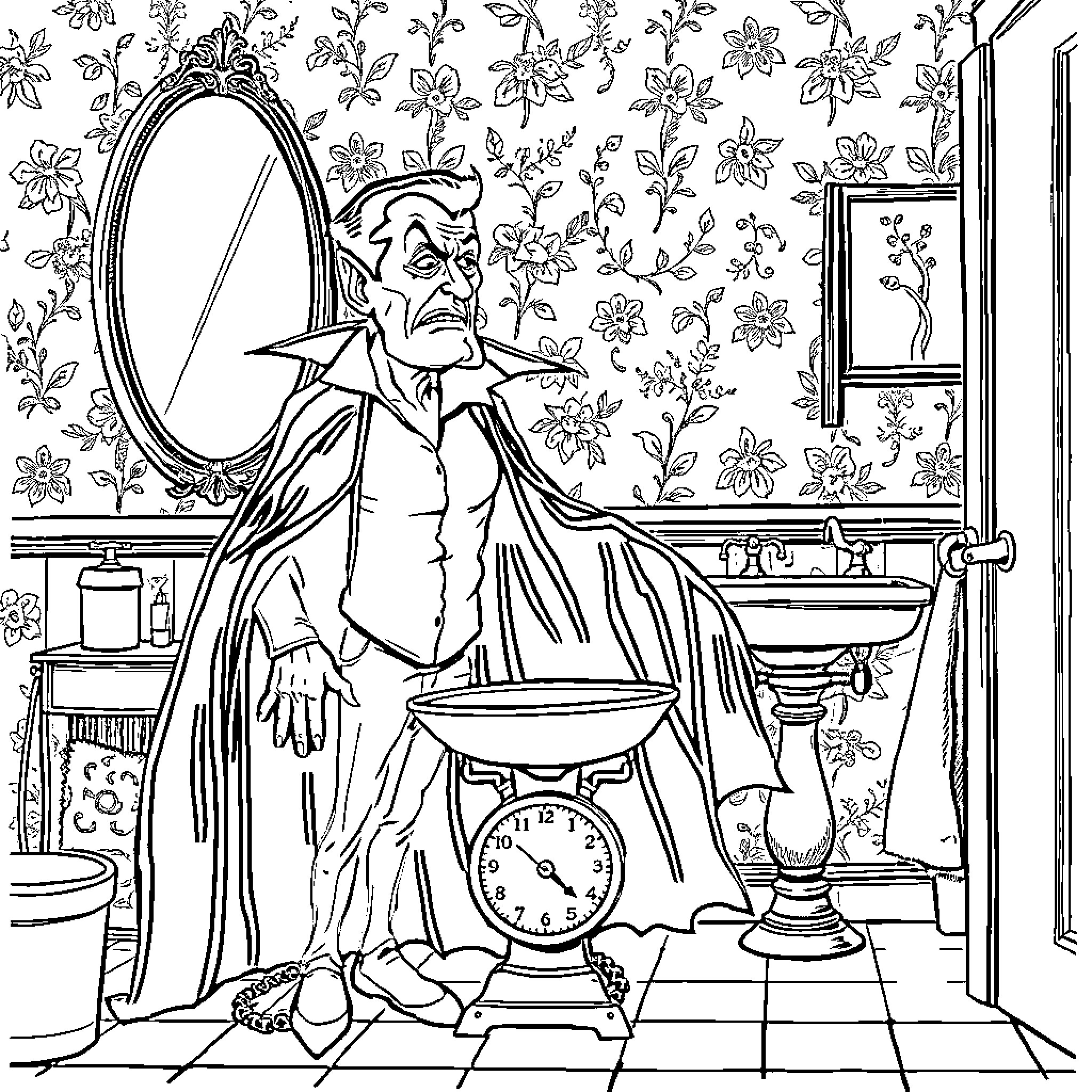 Dracula Prepares for a Sinister Transformation Coloring Page (free black-and-white line drawing printable PDF for all, from beginners to advanced learners, including children, teens, adults, and seniors)