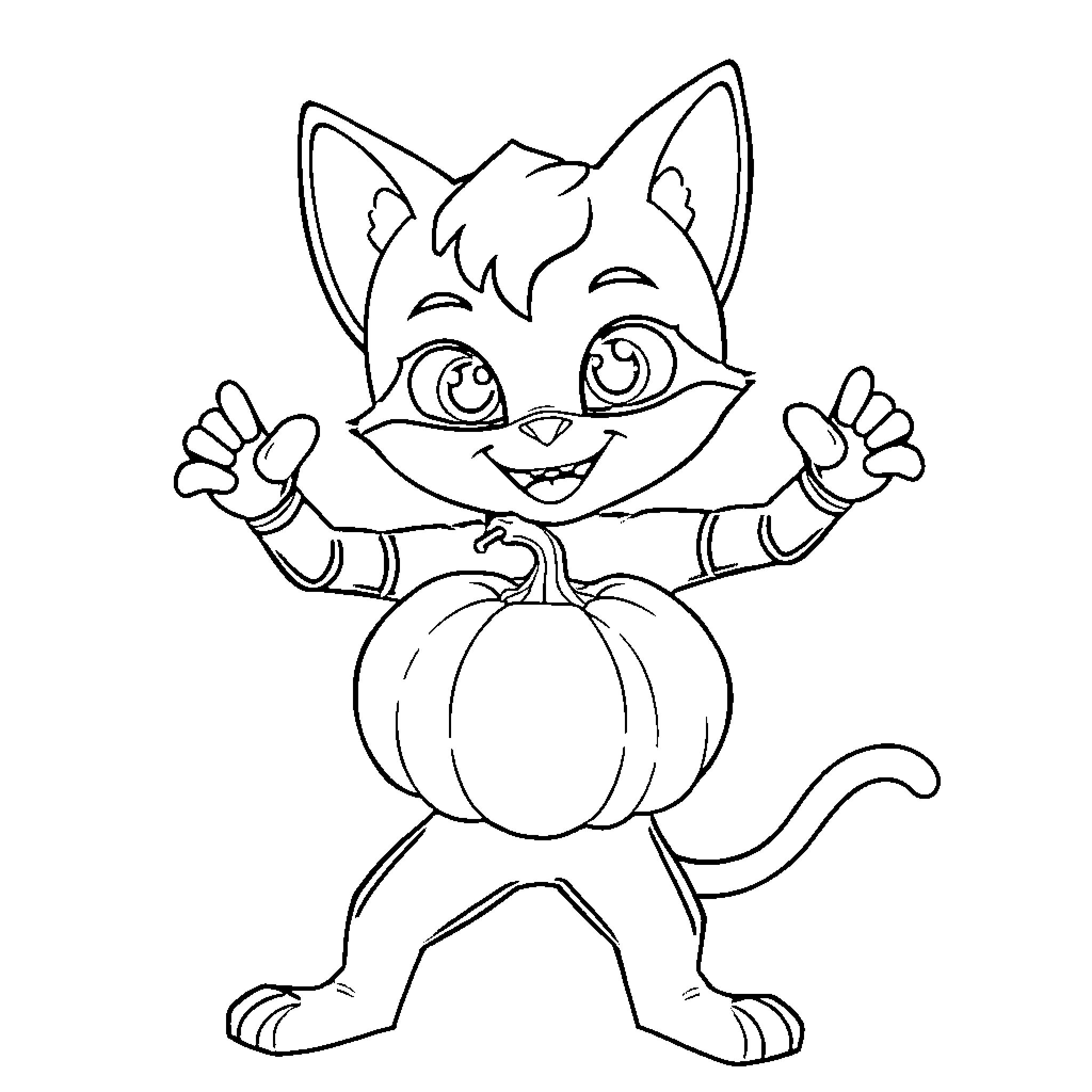 Cat Noir holding a pumpkin with excitement Coloring Page (free black-and-white line drawing printable PDF for all, from beginners to advanced learners, including children, teens, adults, and seniors)
