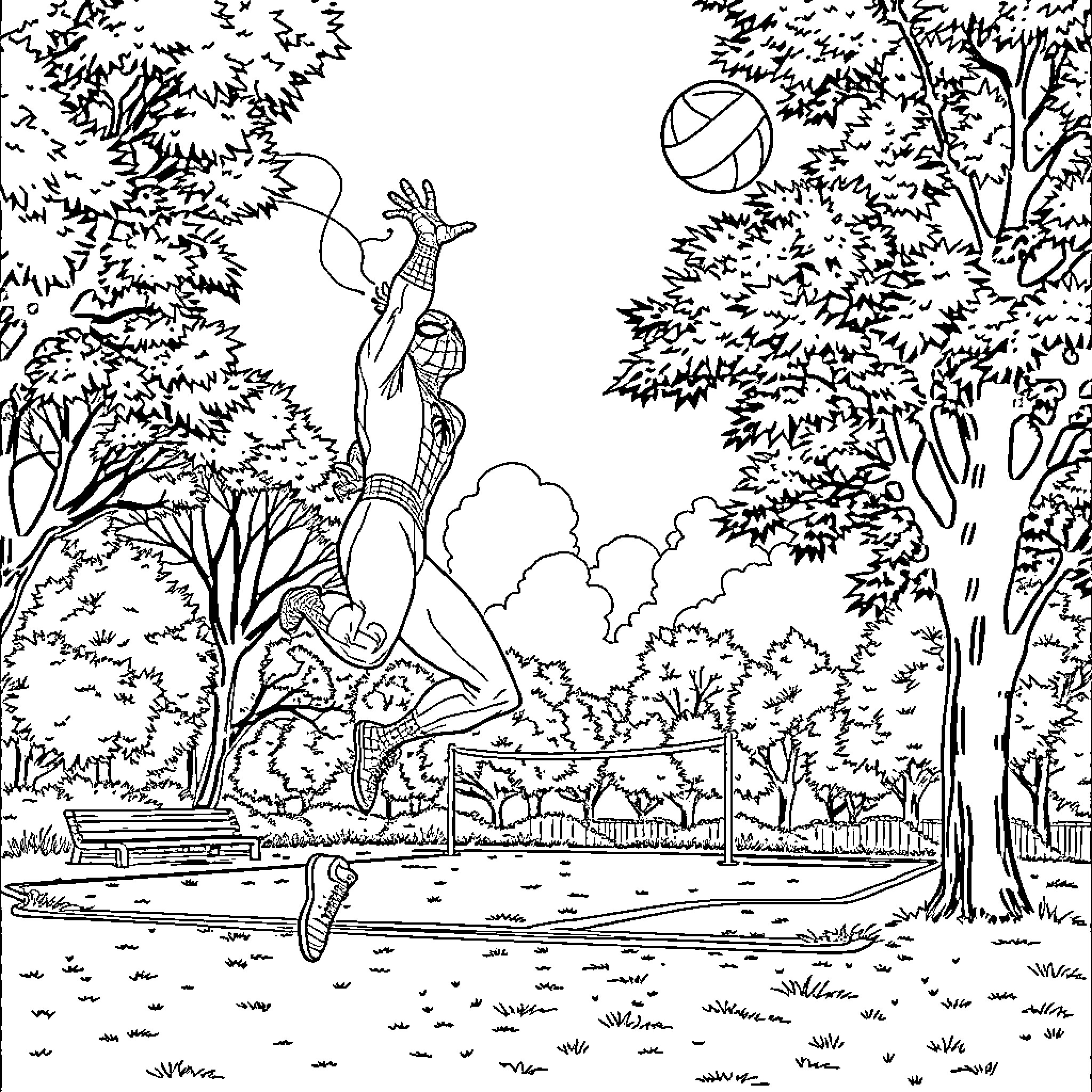 Spiderman swinging through the city park Coloring Page (free black-and-white line drawing printable PDF for all, from beginners to advanced learners, including children, teens, adults, and seniors)