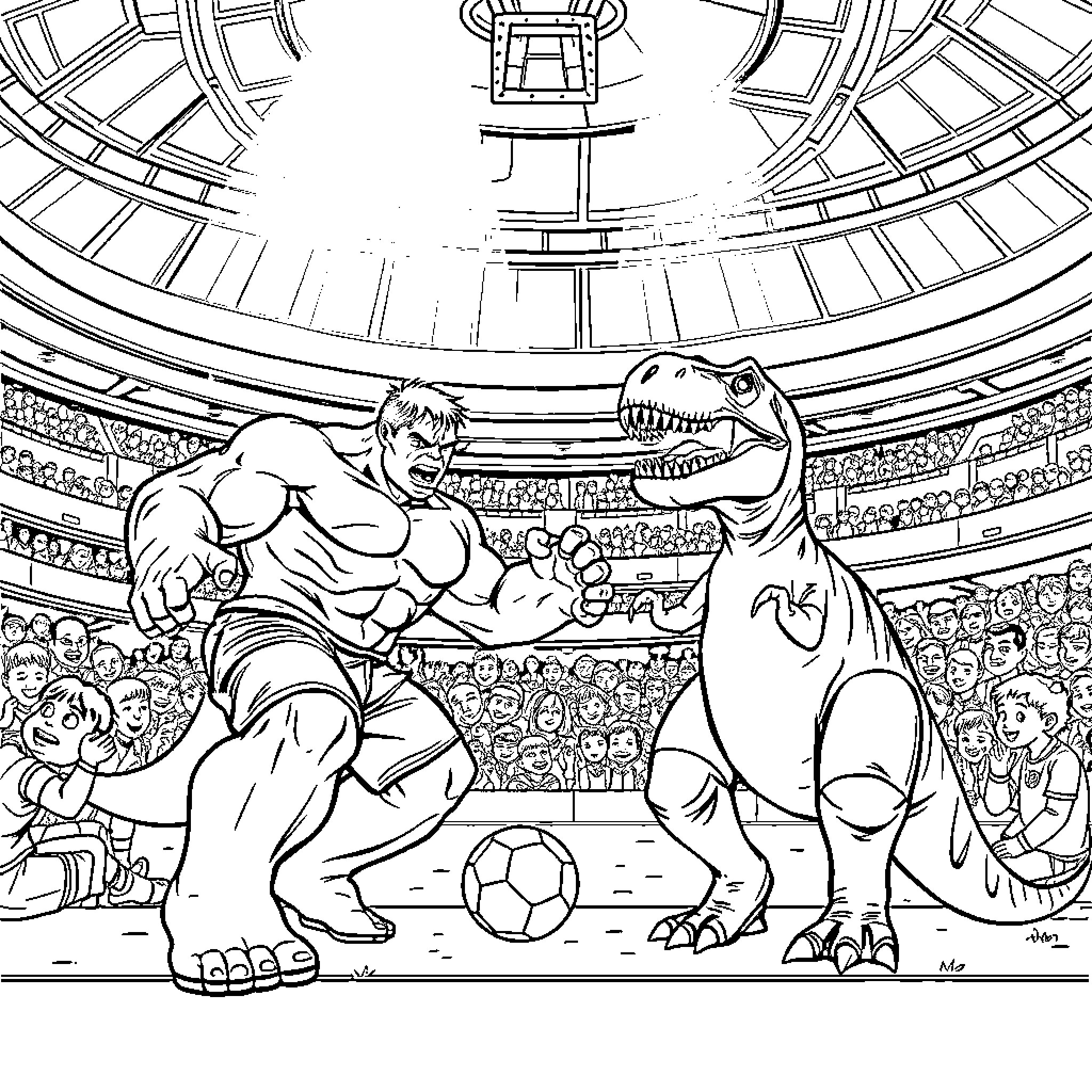 Hulk facing off against dinosaur in sports arena Coloring Page (free black-and-white line drawing printable PDF for all, from beginners to advanced learners, including children, teens, adults, and seniors)