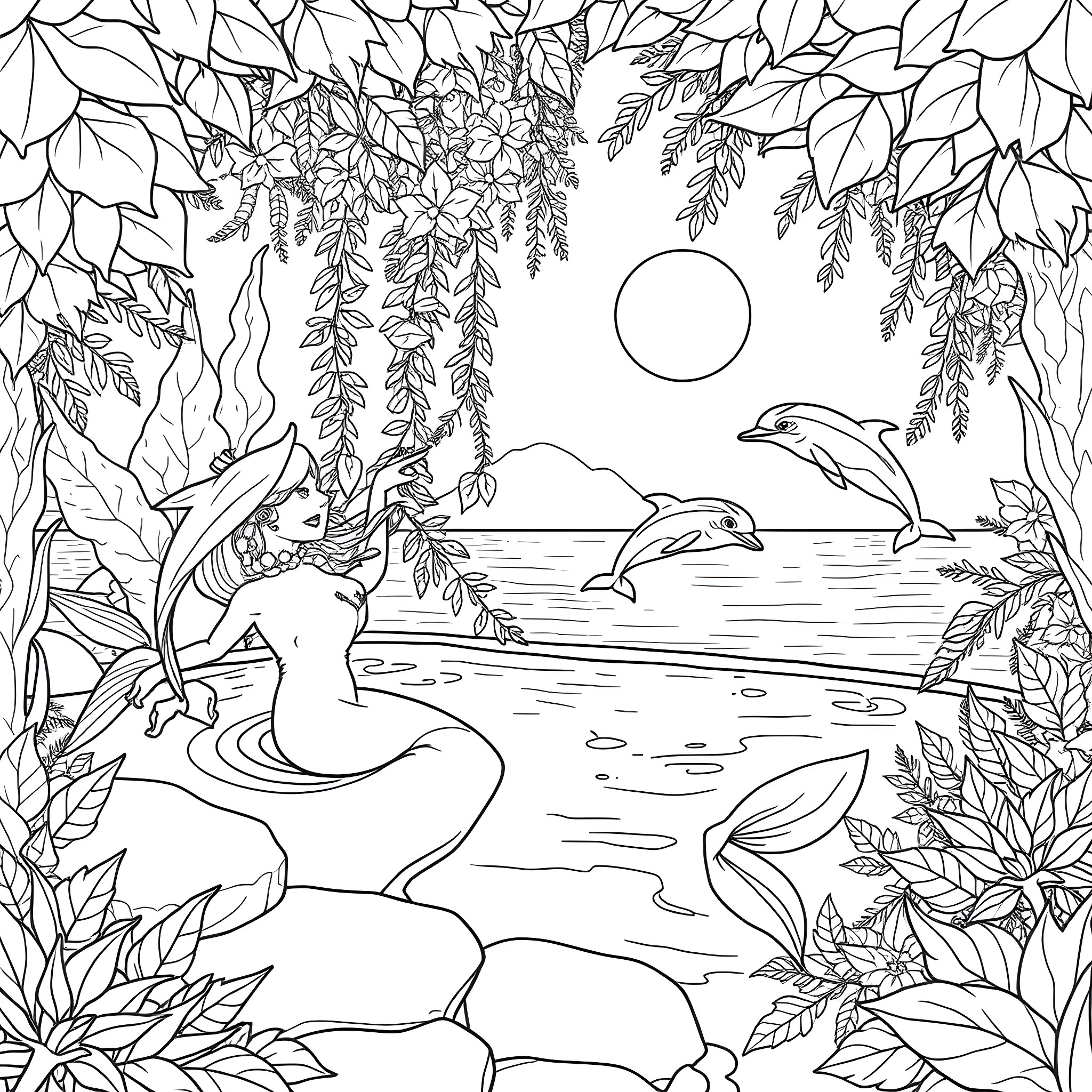 Mermaid enchanting dolphins in a tropical paradise Coloring Page (free black-and-white line drawing printable PDF for all, from beginners to advanced learners, including children, teens, adults, and seniors)