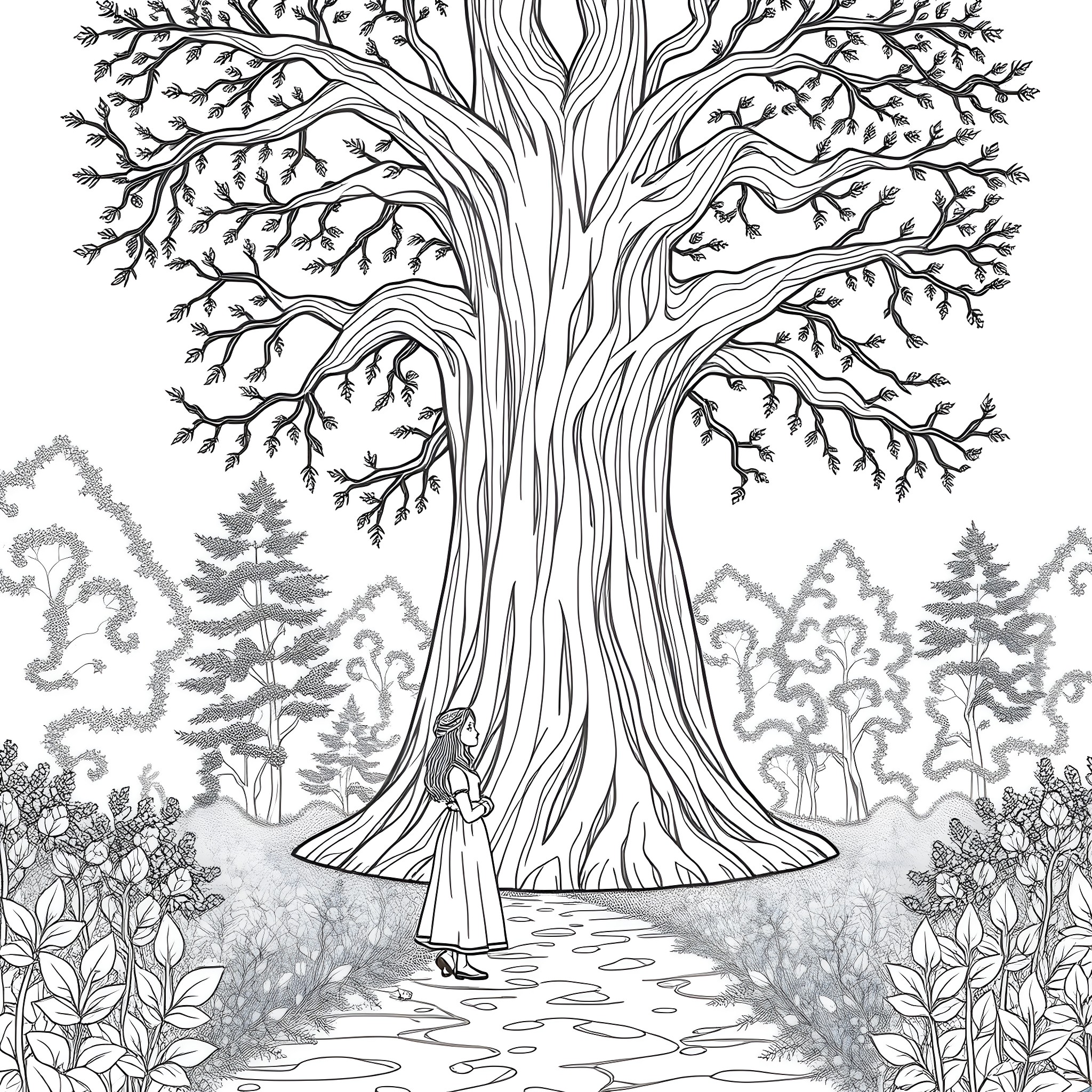 Sophie Foster exploring the enchanting forest Coloring Page (free black-and-white line drawing printable PDF for all, from beginners to advanced learners, including children, teens, adults, and seniors)