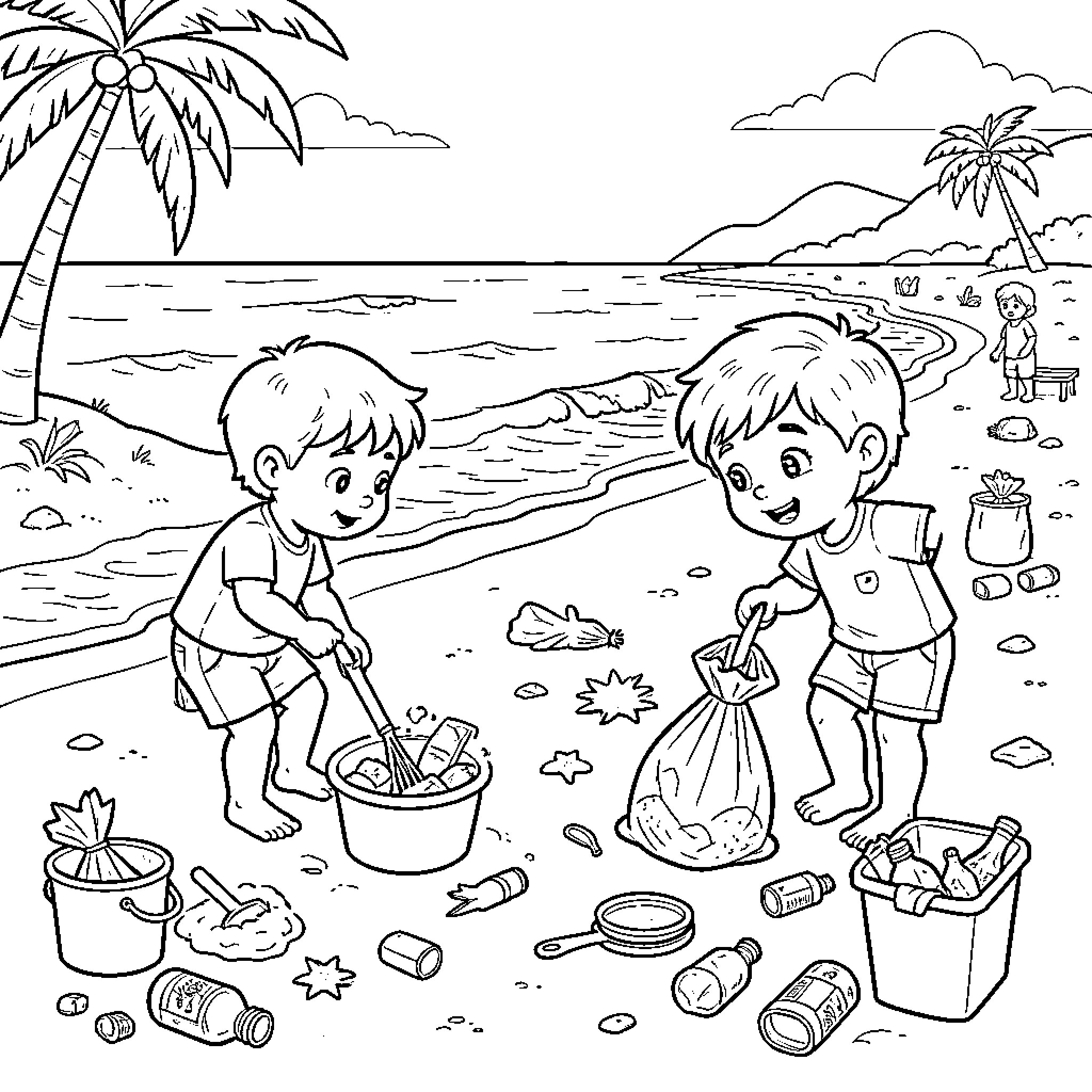 Enfant cleaning up trash on the beach Coloring Page (free black-and-white line drawing printable PDF for all, from beginners to advanced learners, including children, teens, adults, and seniors)