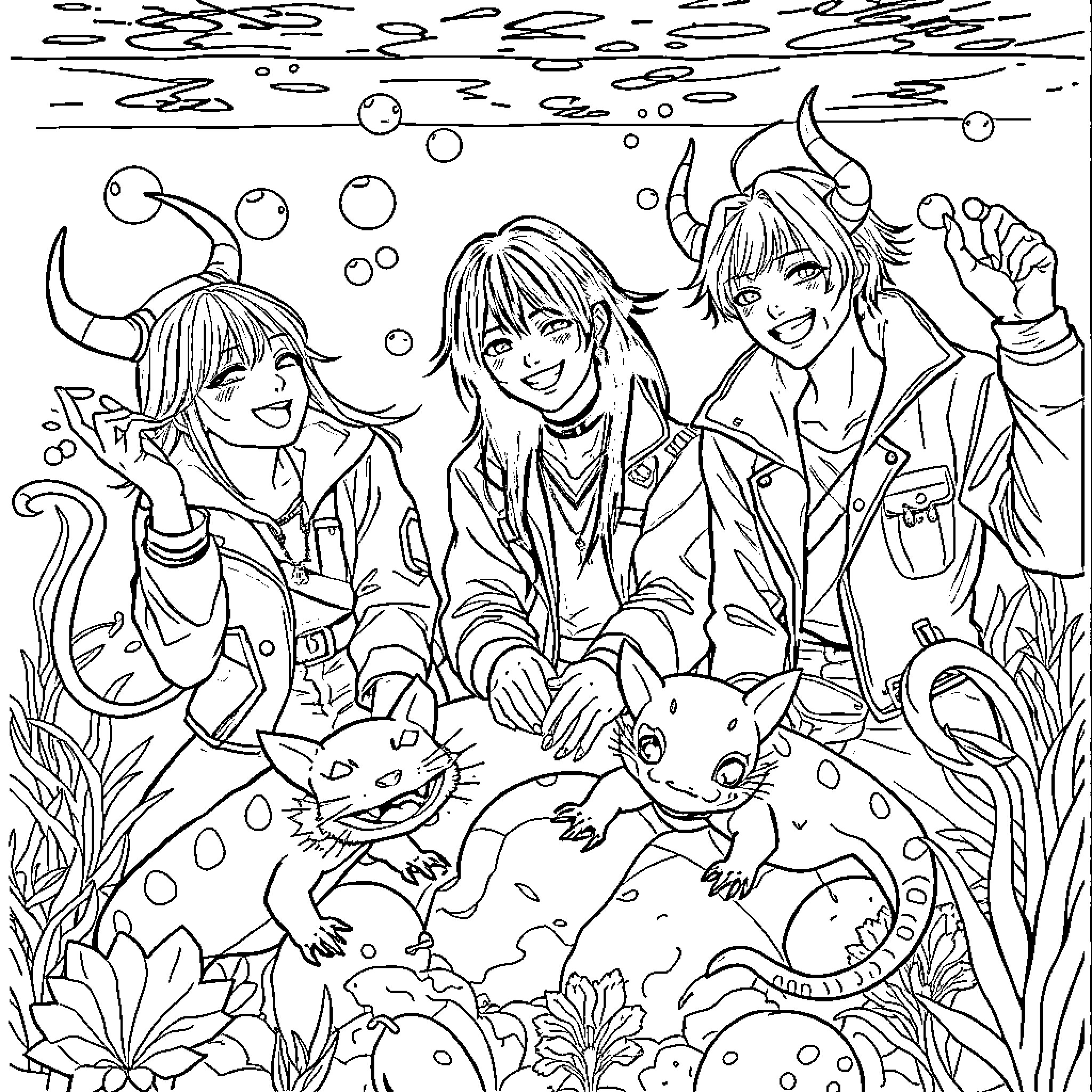 Demon Hunter trio exploring underwater fantasy world Coloring Page (free black-and-white line drawing printable PDF for all, from beginners to advanced learners, including children, teens, adults, and seniors)