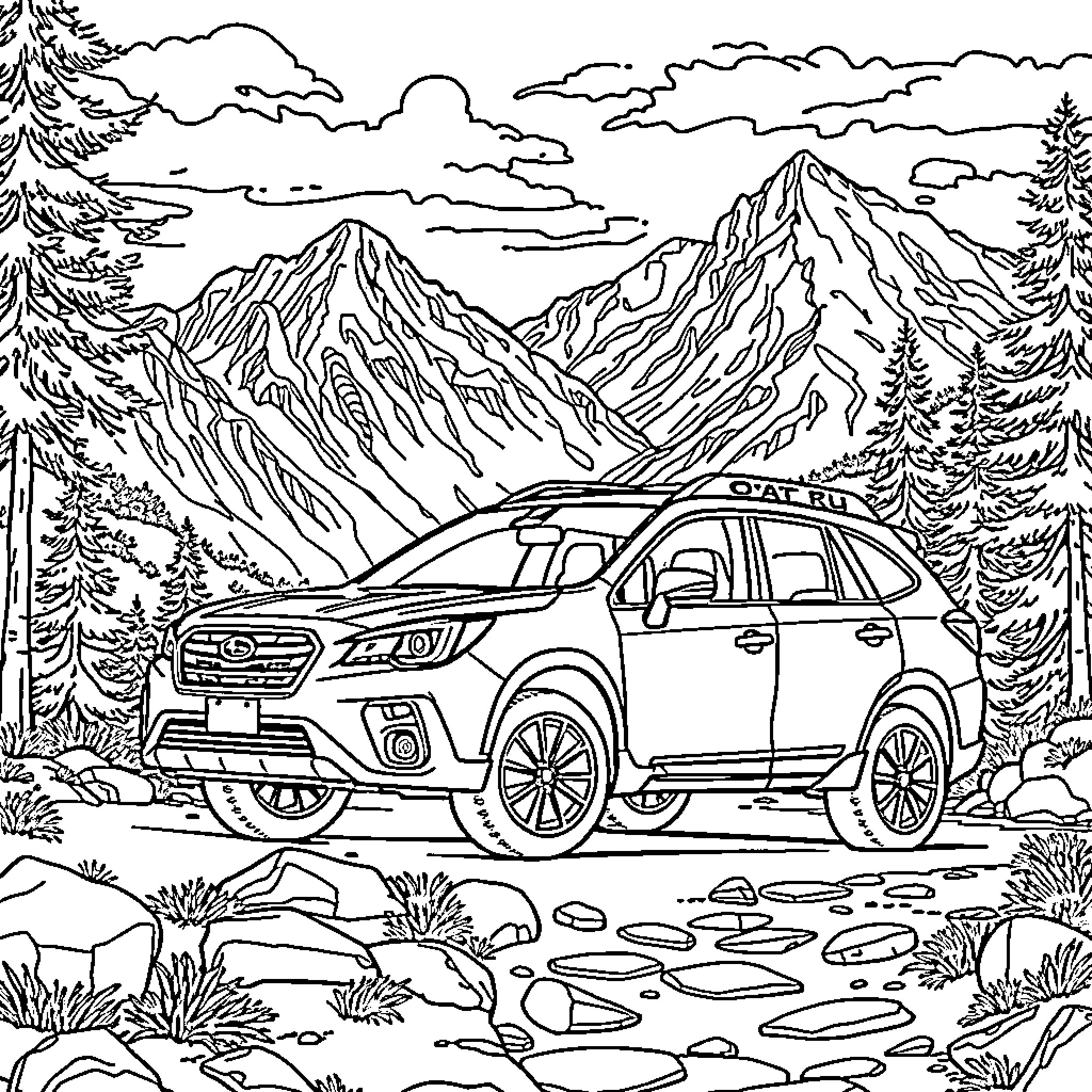 Subaru SUV exploring rugged mountain terrain Coloring Page (free black-and-white line drawing printable PDF for all, from beginners to advanced learners, including children, teens, adults, and seniors)