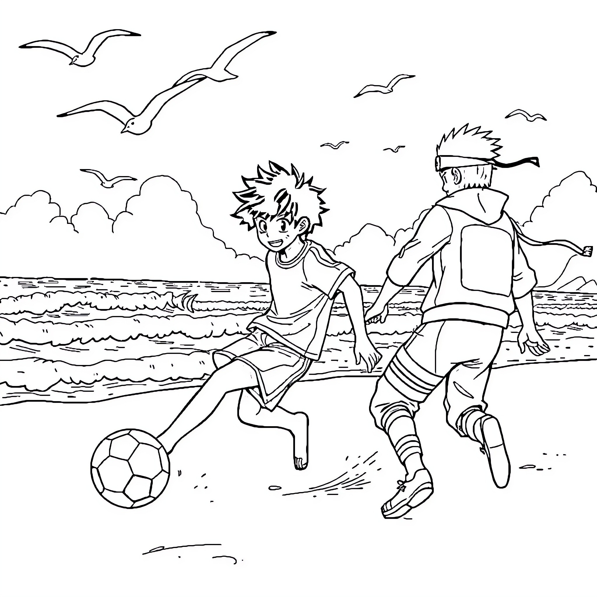 Deku and friend playing soccer on the beach Coloring Page (free black-and-white line drawing printable PDF for all, from beginners to advanced learners, including children, teens, adults, and seniors)