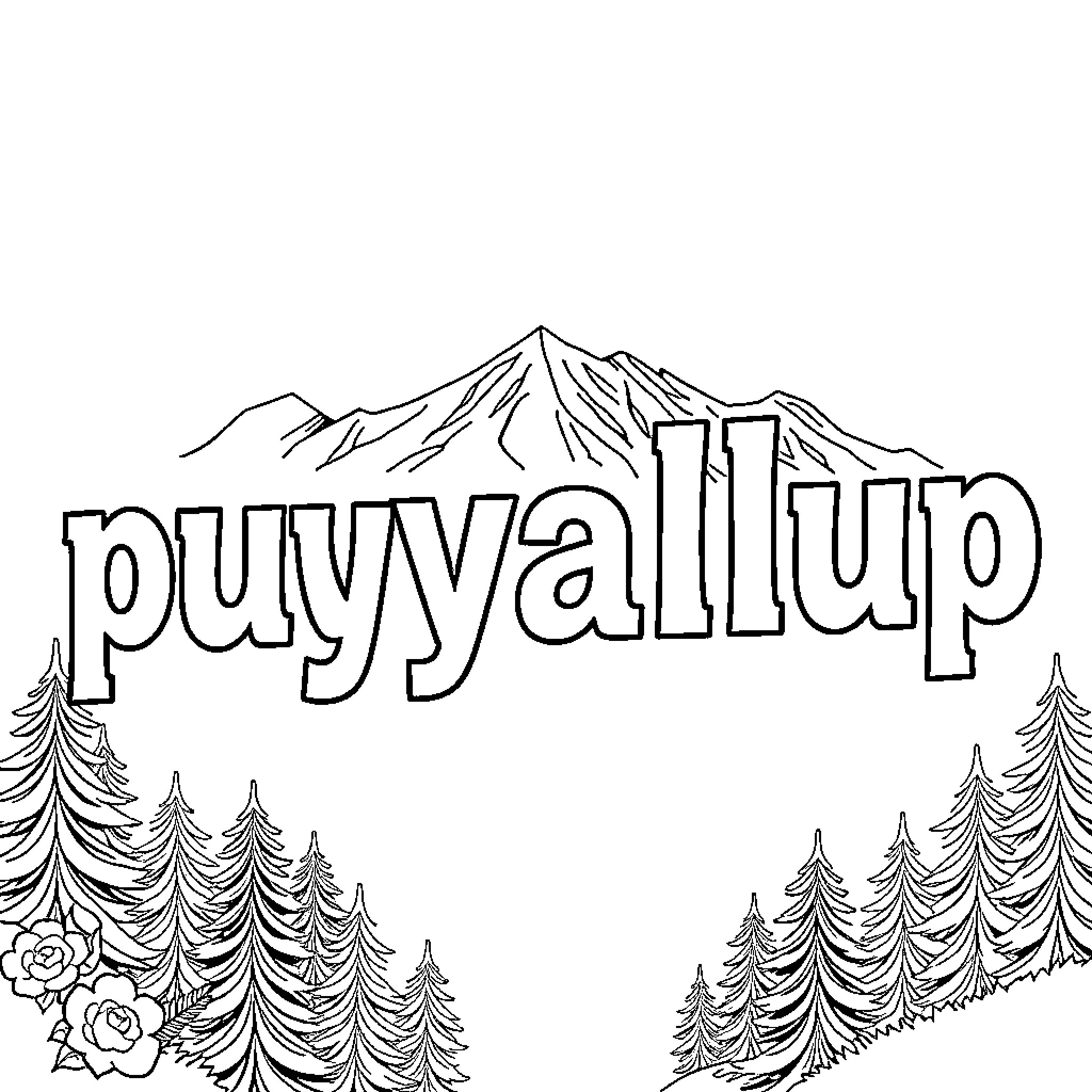 Puyallup: Mountain Landscape and Floral Scene Coloring Page (free black-and-white line drawing printable PDF for all, from beginners to advanced learners, including children, teens, adults, and seniors)