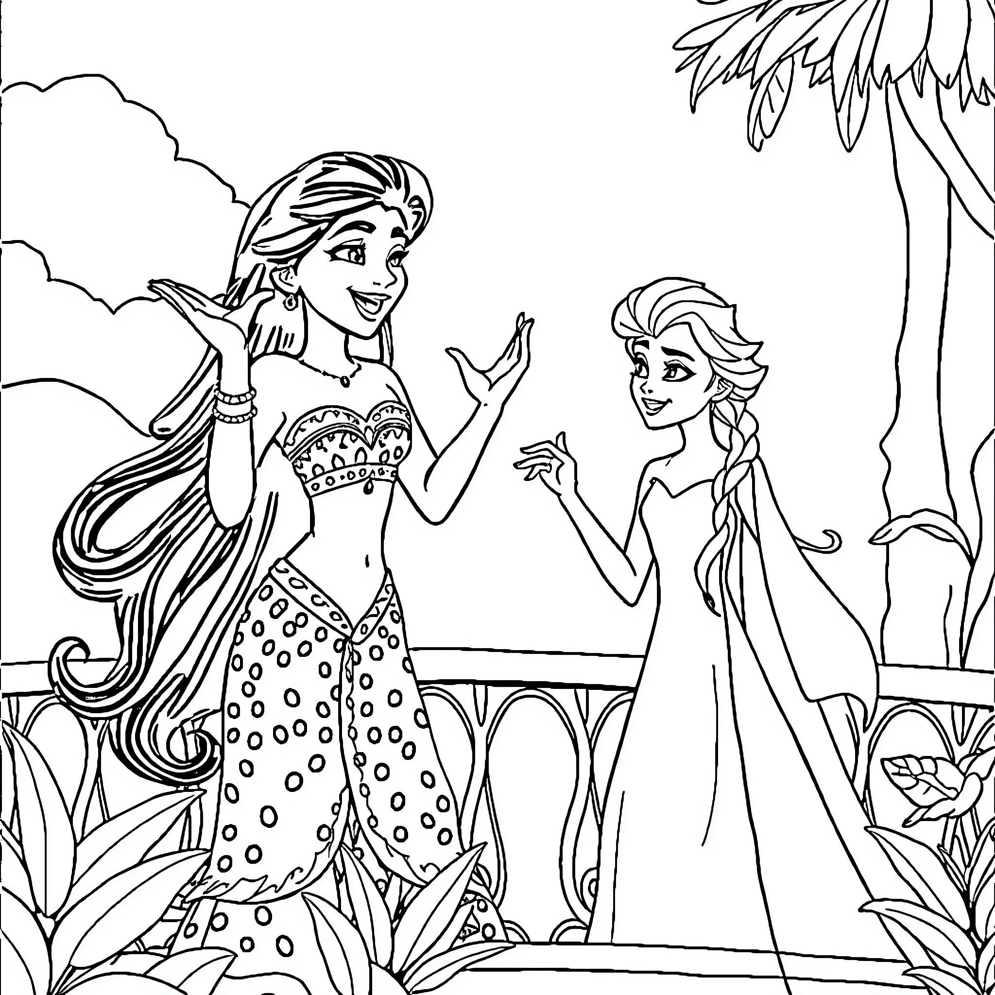 Vaiana's tropical adventure with friends Coloring Page (free black-and-white line drawing printable PDF for all, from beginners to advanced learners, including children, teens, adults, and seniors)